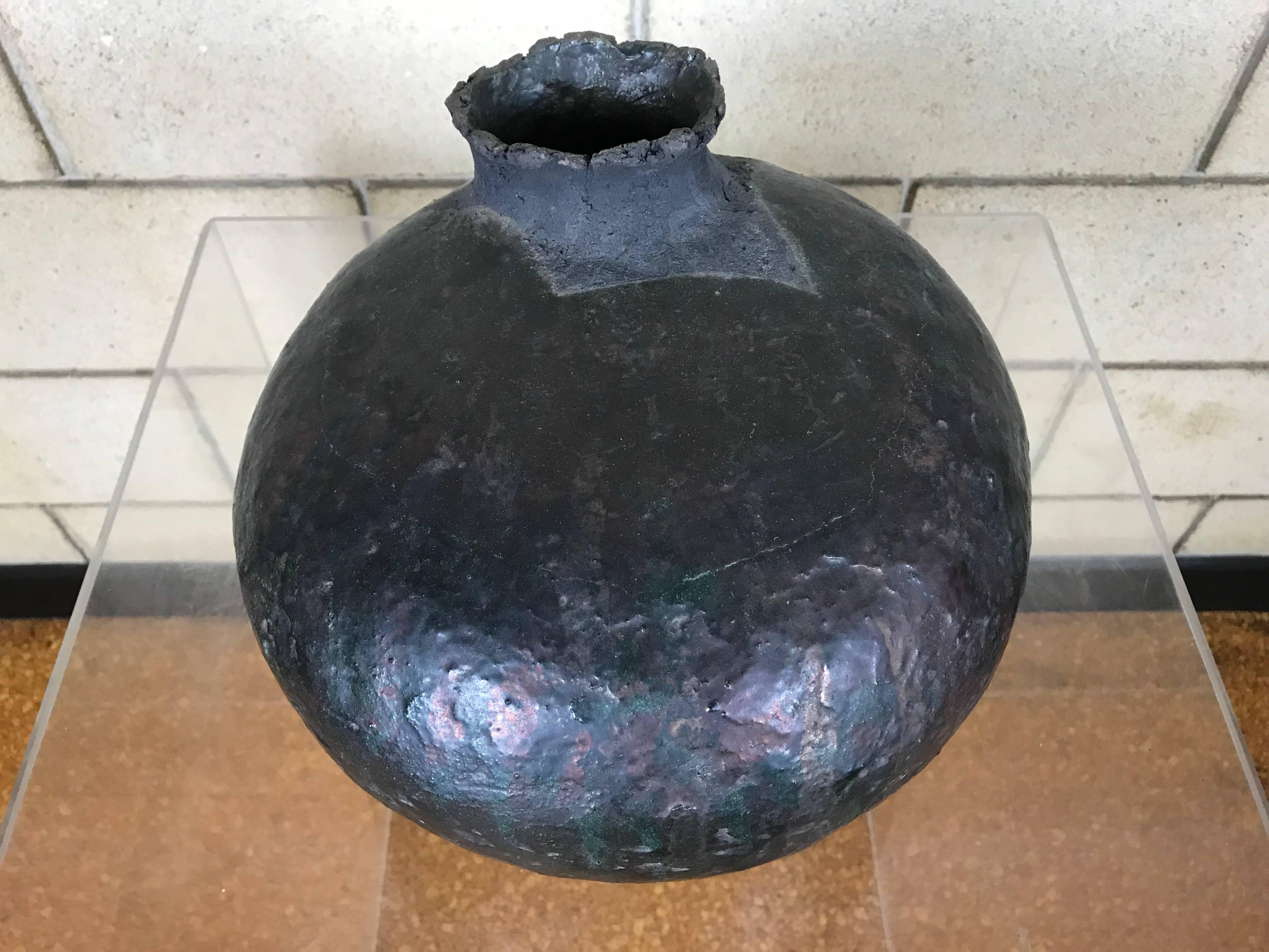 Mid-Century Modern Large Raku Pottery Vessel Fluted Vase by Listed Artist Charles 'Charlie' Brown  