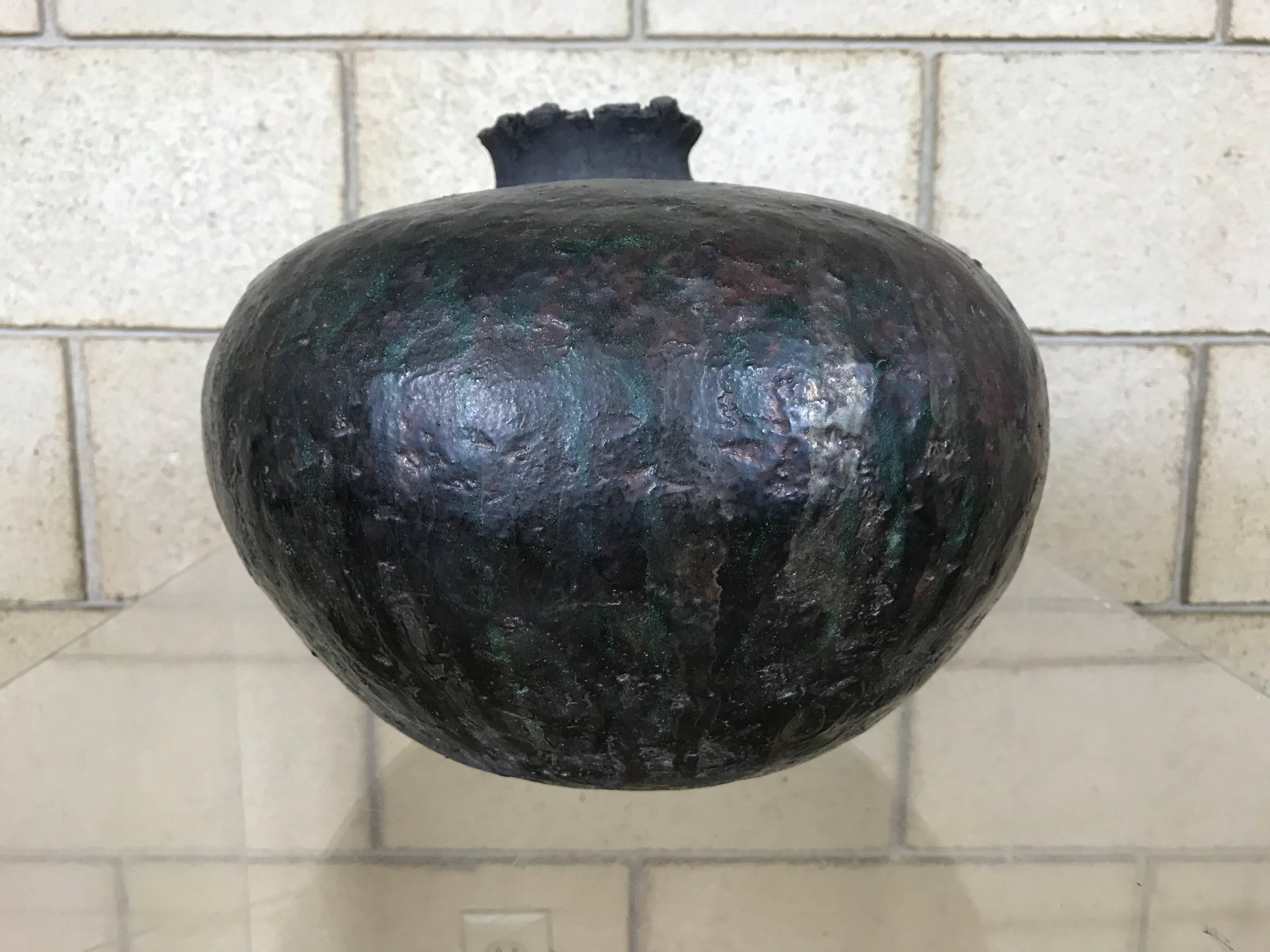American Large Raku Pottery Vessel Fluted Vase by Listed Artist Charles 'Charlie' Brown  
