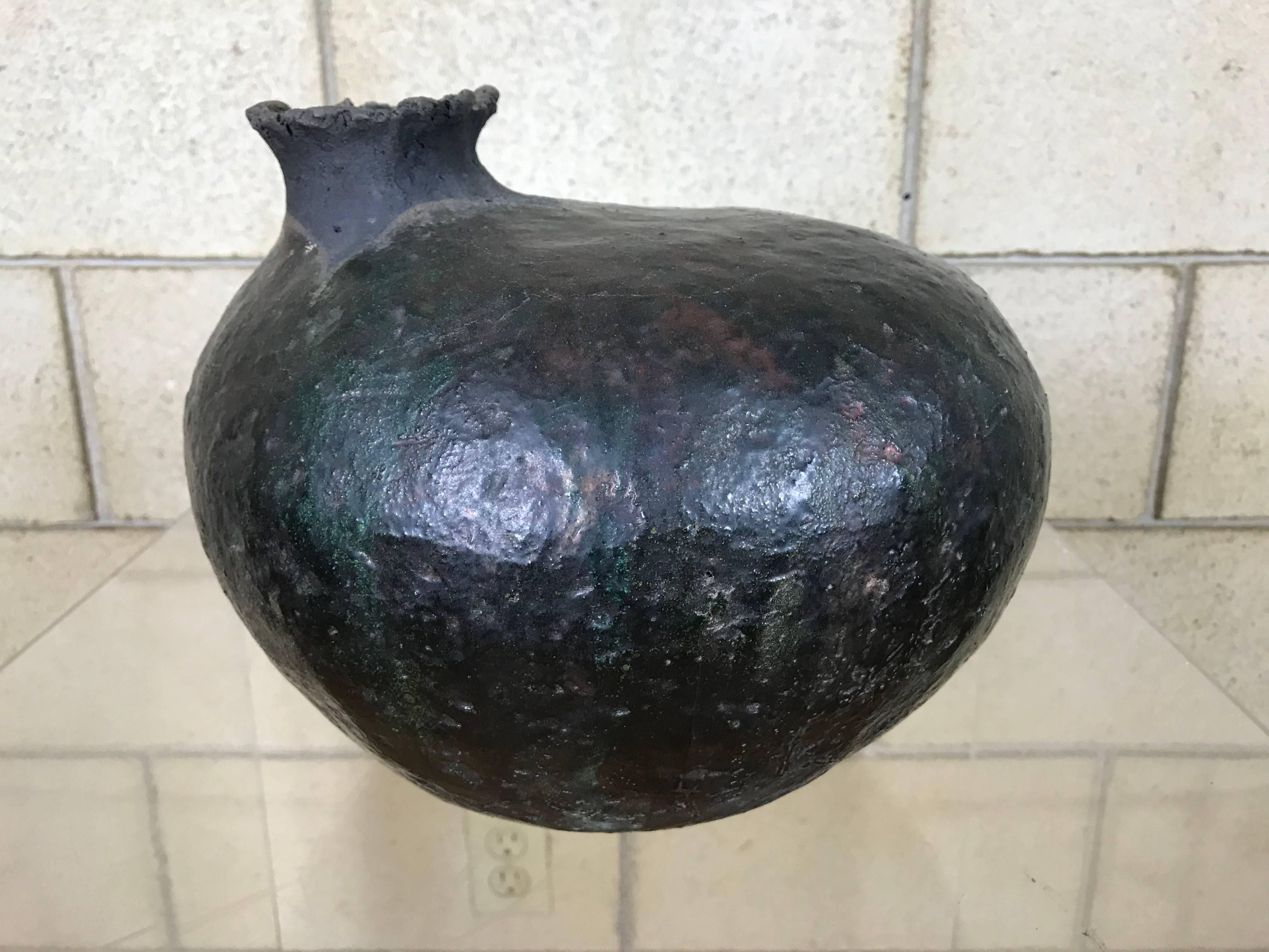 Large Raku Pottery Vessel Fluted Vase by Listed Artist Charles 'Charlie' Brown   In Good Condition In Southampton, NJ