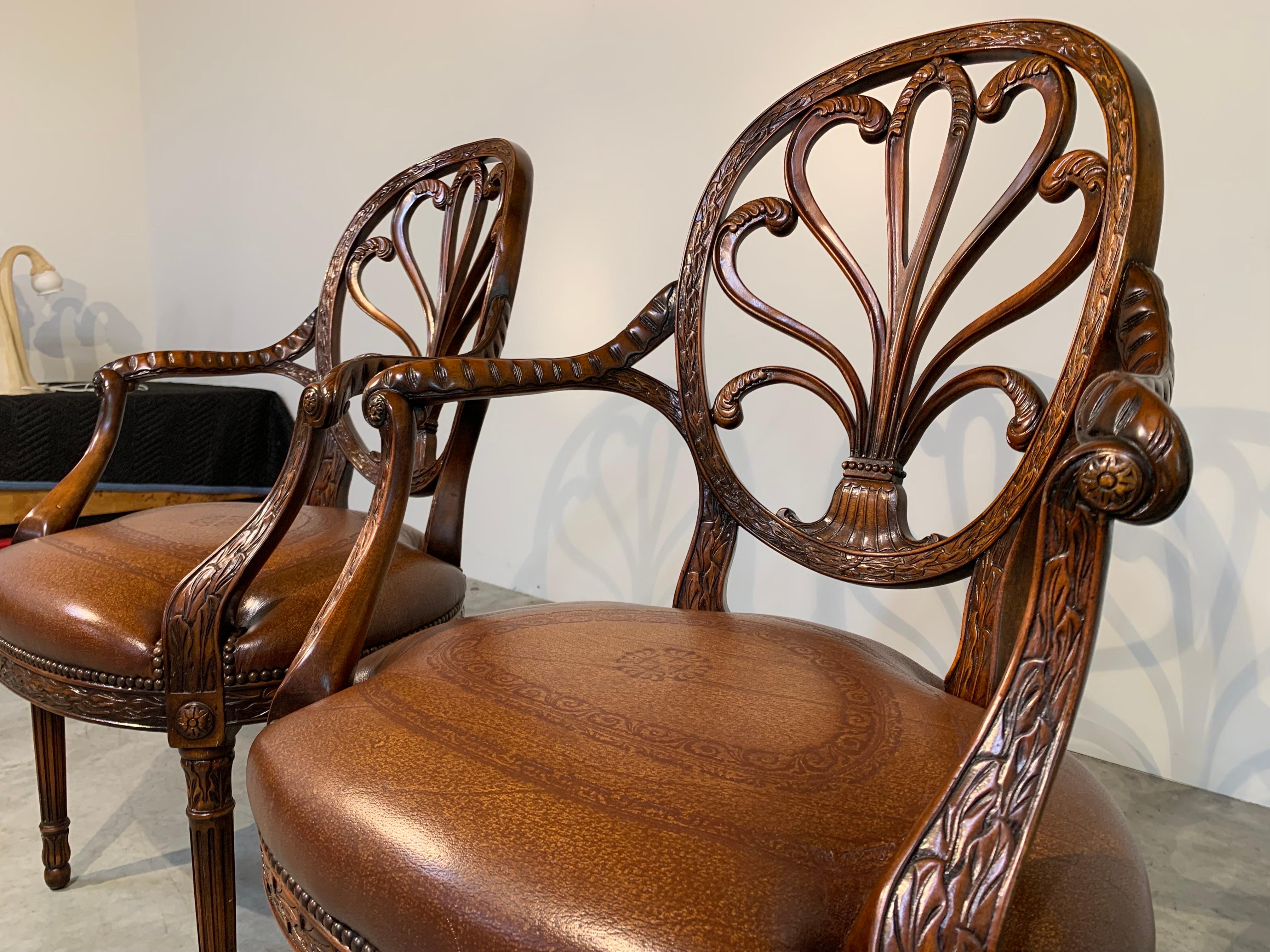 Contemporary Theodore Alexander Neoclassical Carved Back Open Armchairs A Pair