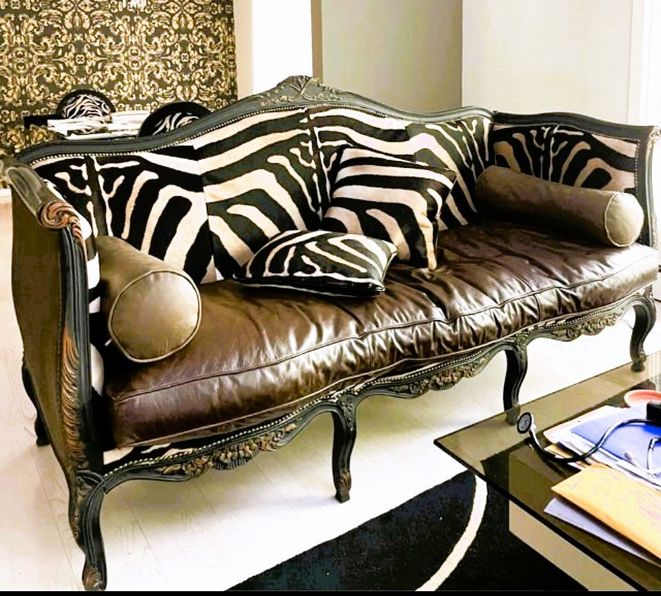 Old Hickory Tannery Sofas/Zebra Print Cowhair, Leather. Suede & Nailhead Trim