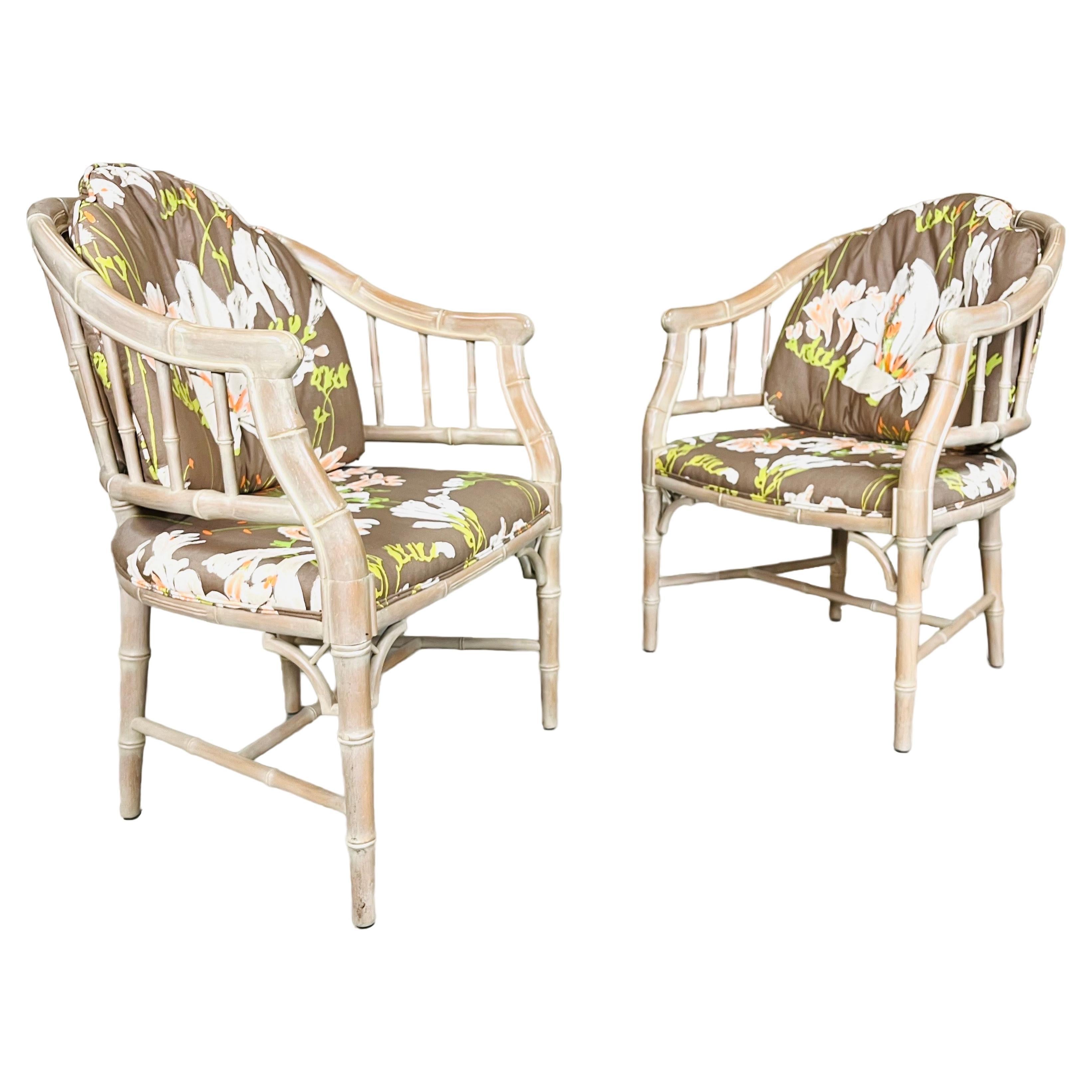 Pair of Cerused Chinese Chippendale Style Faux Bamboo Carved Armchairs For Sale