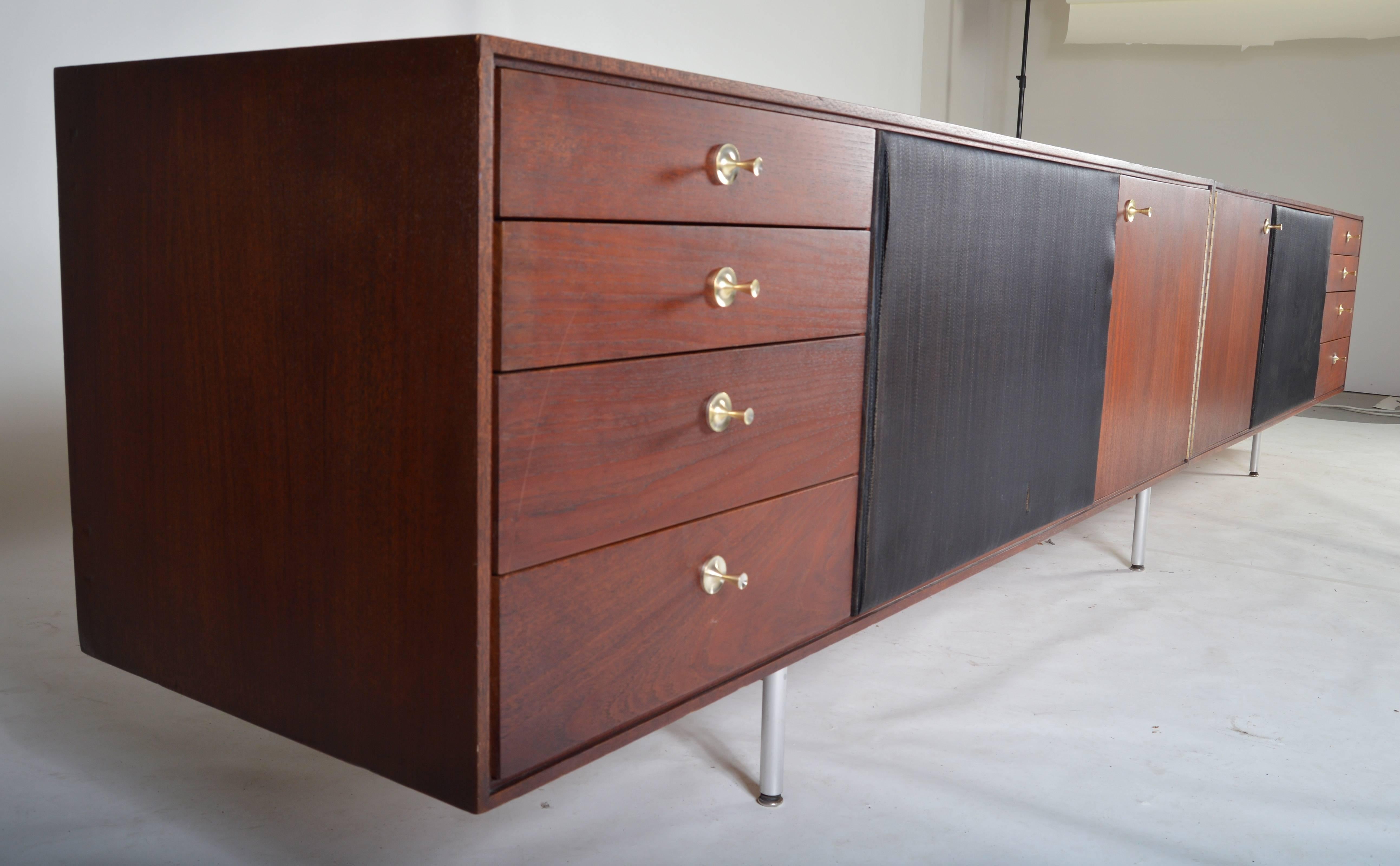 A one of a kind and incredibly well designed and built, custom 1950s Teak Audiophile having 2-15" Trusonic coaxial model 150CX speakers, horsehair speaker covers, brass pulls from Japan and an aluminium blended base in the manner of George