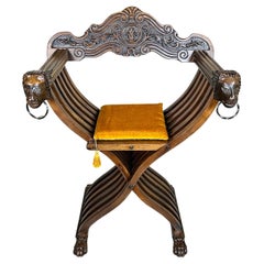 Renaissance Medieval Style Mahogany Lion Face X-Base Throne Chair Italy 1920s