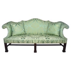 Custom George III Mahogany Camel Back Sofa with Damask Silk Upholstery