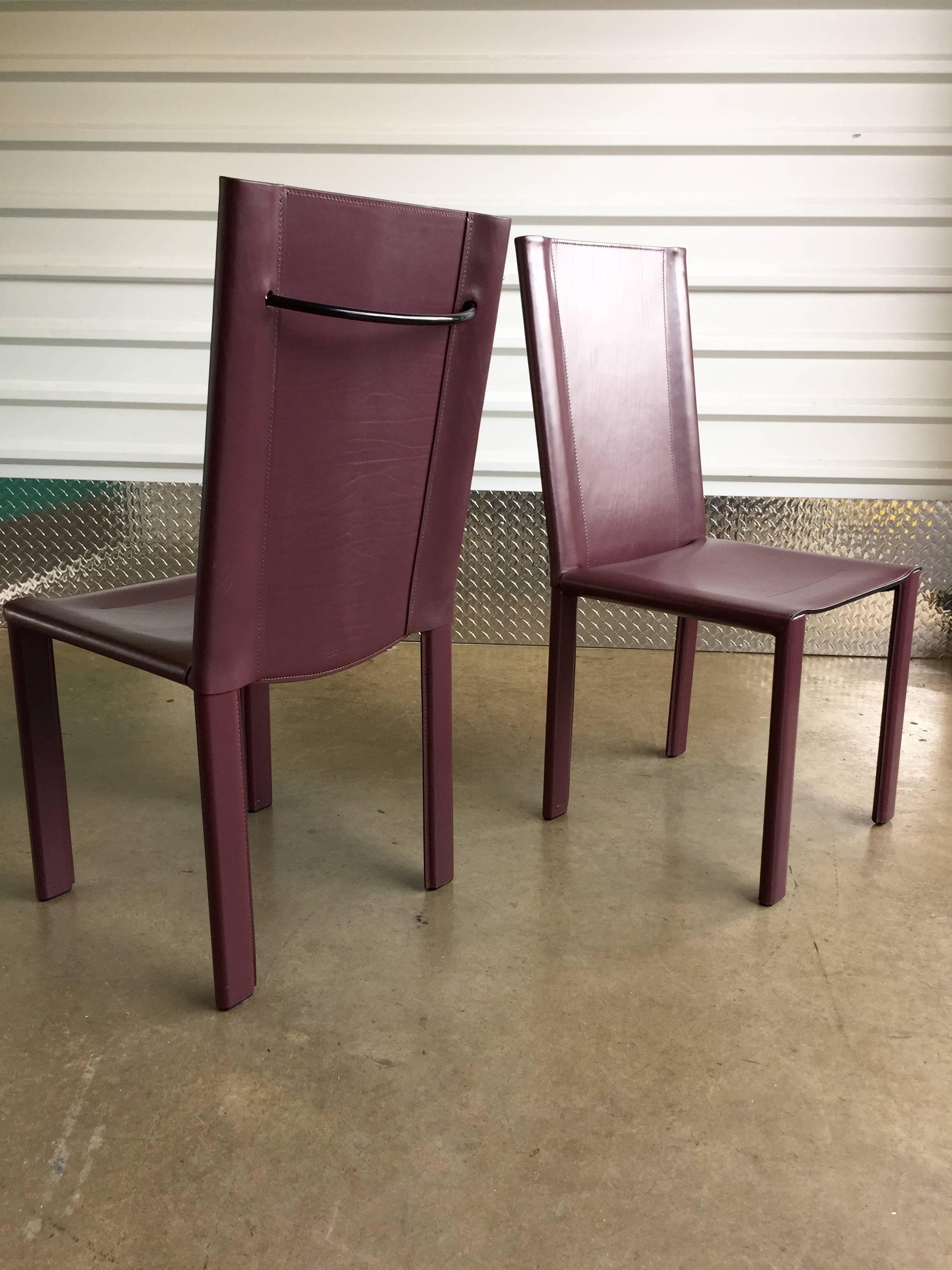 Late 20th Century Impressive Bordeaux Leather & Steel Dining Chairs by Matteo Grassi Set of Eight