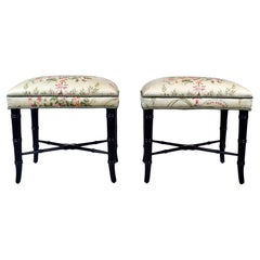 Vintage Pair of Faux Bamboo Ottomans Benches Stools Floral New Upholstery