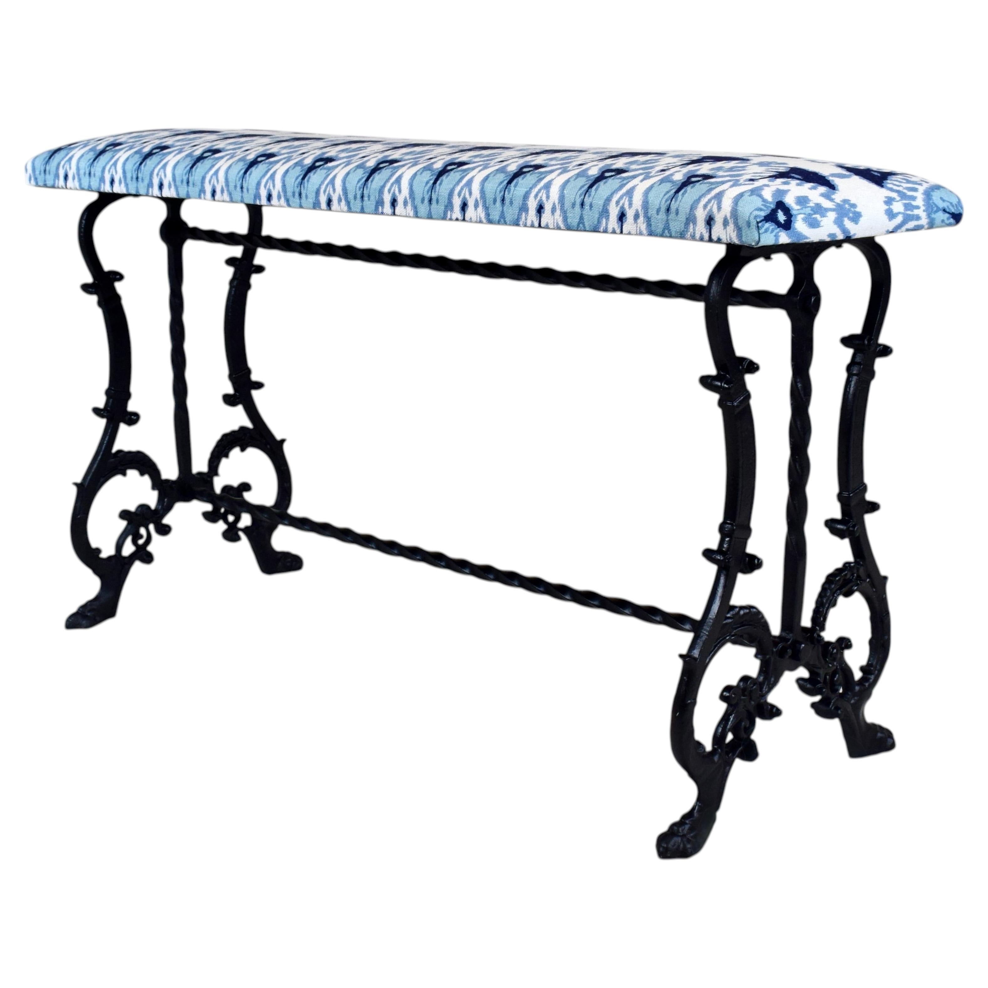 Antique Cast Iron Window Bench, Victorian, Ikat Woven Upholstery, USA