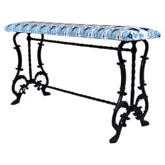 Antique Cast Iron Window Bench, Victorian, Ikat Woven Upholstery, USA