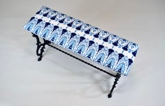 Antique Cast Iron Window Bench, Victorian, Ikat Woven Upholstery, USA