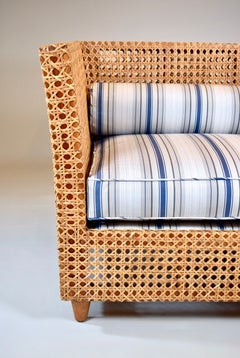 Modern Caned Teak Rattan Loveseat in Blue and White Sunbrella Fabric