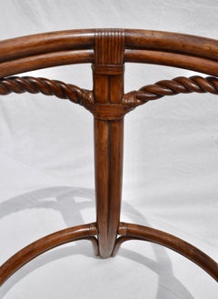 1990's Coastal Pedestal Dining Table, Rattan, Glass, Leather, Palecek