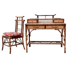 Vintage British Colonial Style Burnt Bamboo and Grasscloth Pagoda Desk