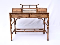 Vintage British Colonial Style Burnt Bamboo and Grasscloth Pagoda Desk