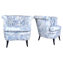 Swedish Art Deco Barrel Bergere Chairs, 1920's French Toile