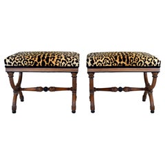 Curule Form Stools / Benches in Leopard Velvet, Circa 1955, Italy