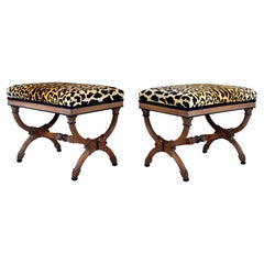 Curule Form Stools / Benches in Leopard Velvet, Circa 1955, Italy