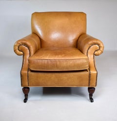 Edwardian Inspired English Roll Arm Style Club Chair, Chestnut Leather