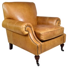 Edwardian Inspired English Roll Arm Style Club Chair, Chestnut Leather