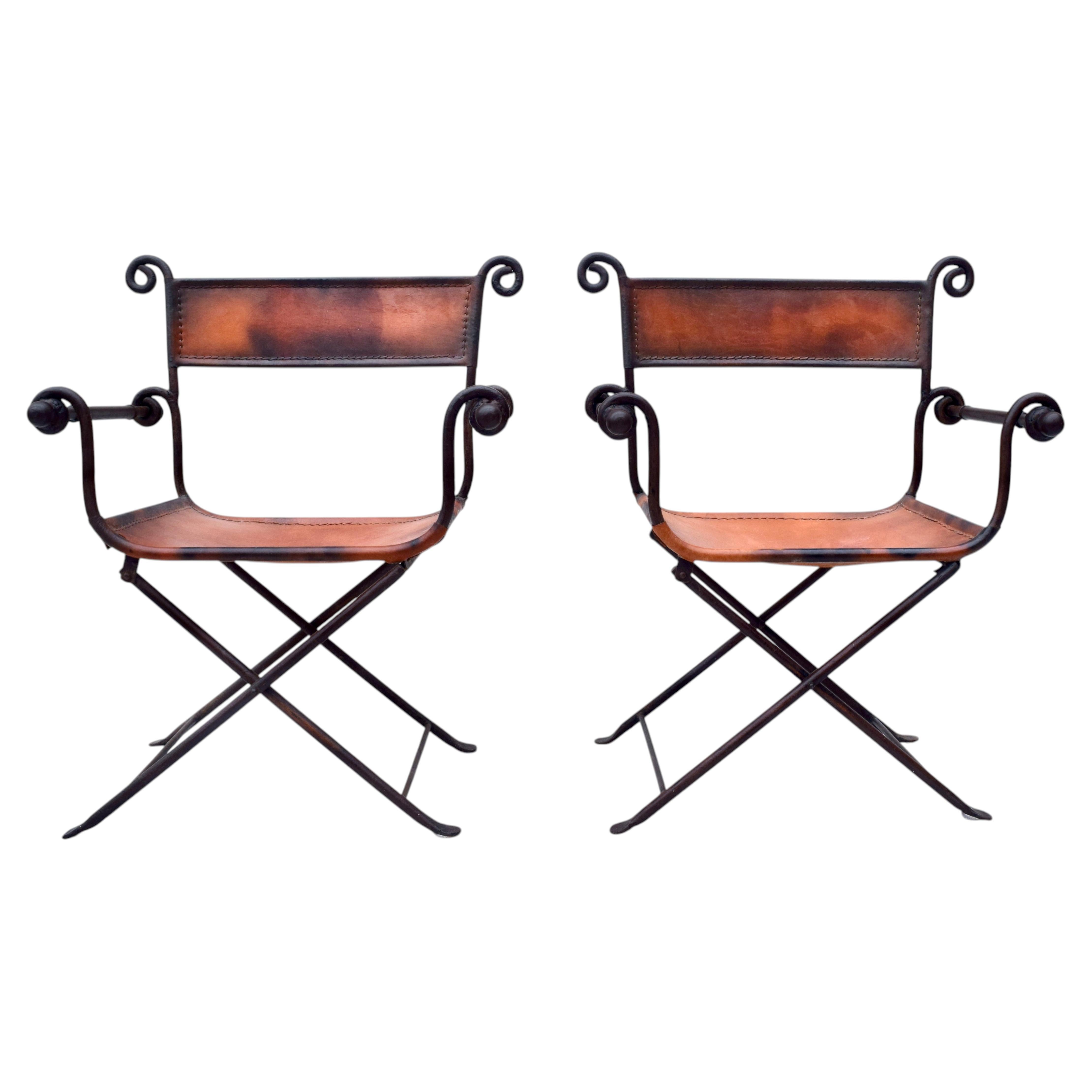 A Pair of Italian Savonarola Iron & Leather Campaign Chairs