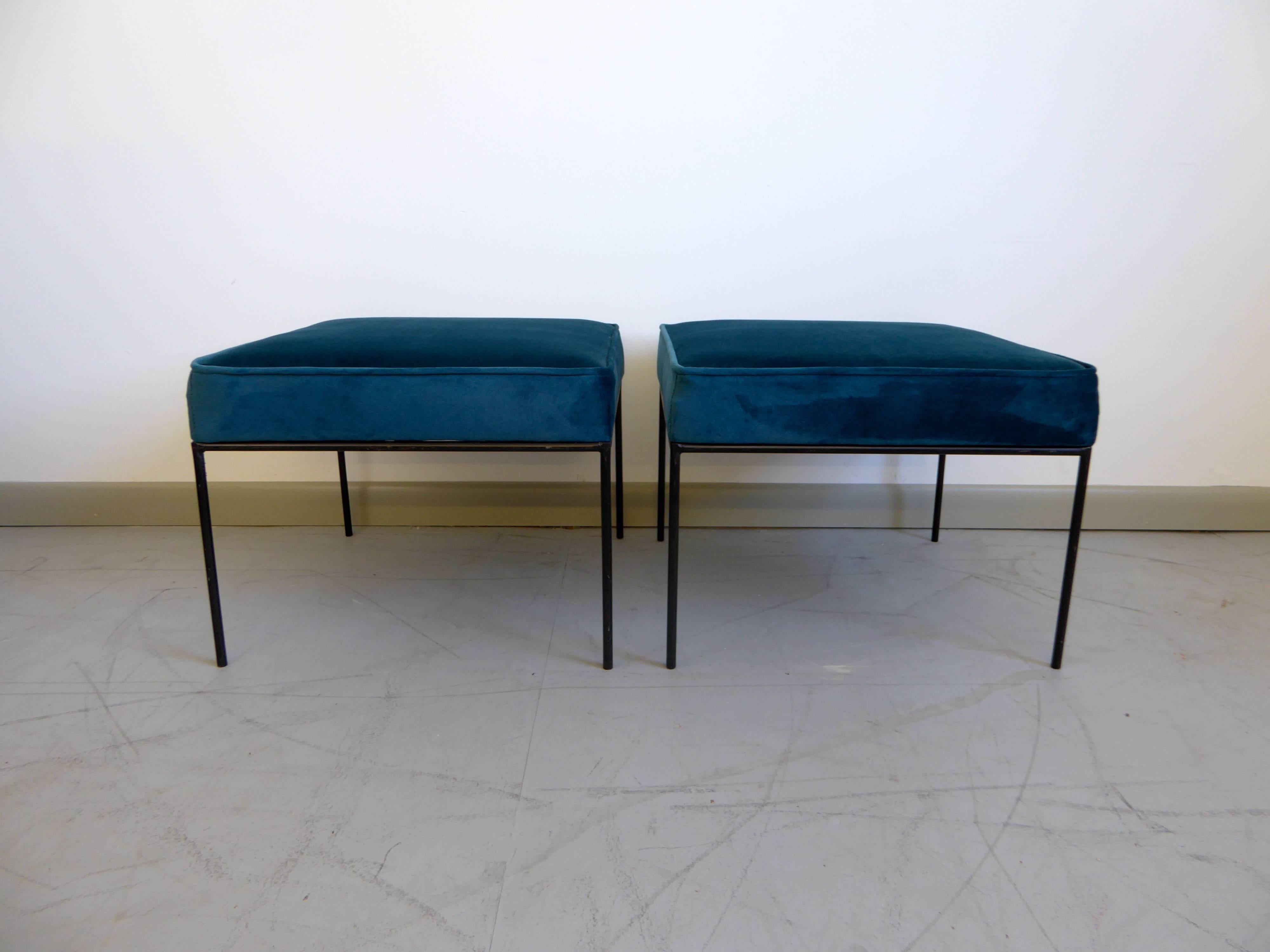 Classic square stools by Paul McCobb featuring iron bases and newly upholstered seats in a stunning peacock blue velvet.