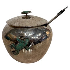 1980s Emilia Castillo Silver-Plated Sugar Bowl with Malachite Frog and Spoon