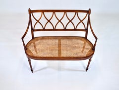 Mahogany Sheraton Style Caned Settee with Floral Silk Cushion, 1990s