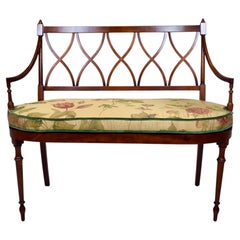 Mahogany Sheraton Style Caned Settee with Floral Silk Cushion, 1990s