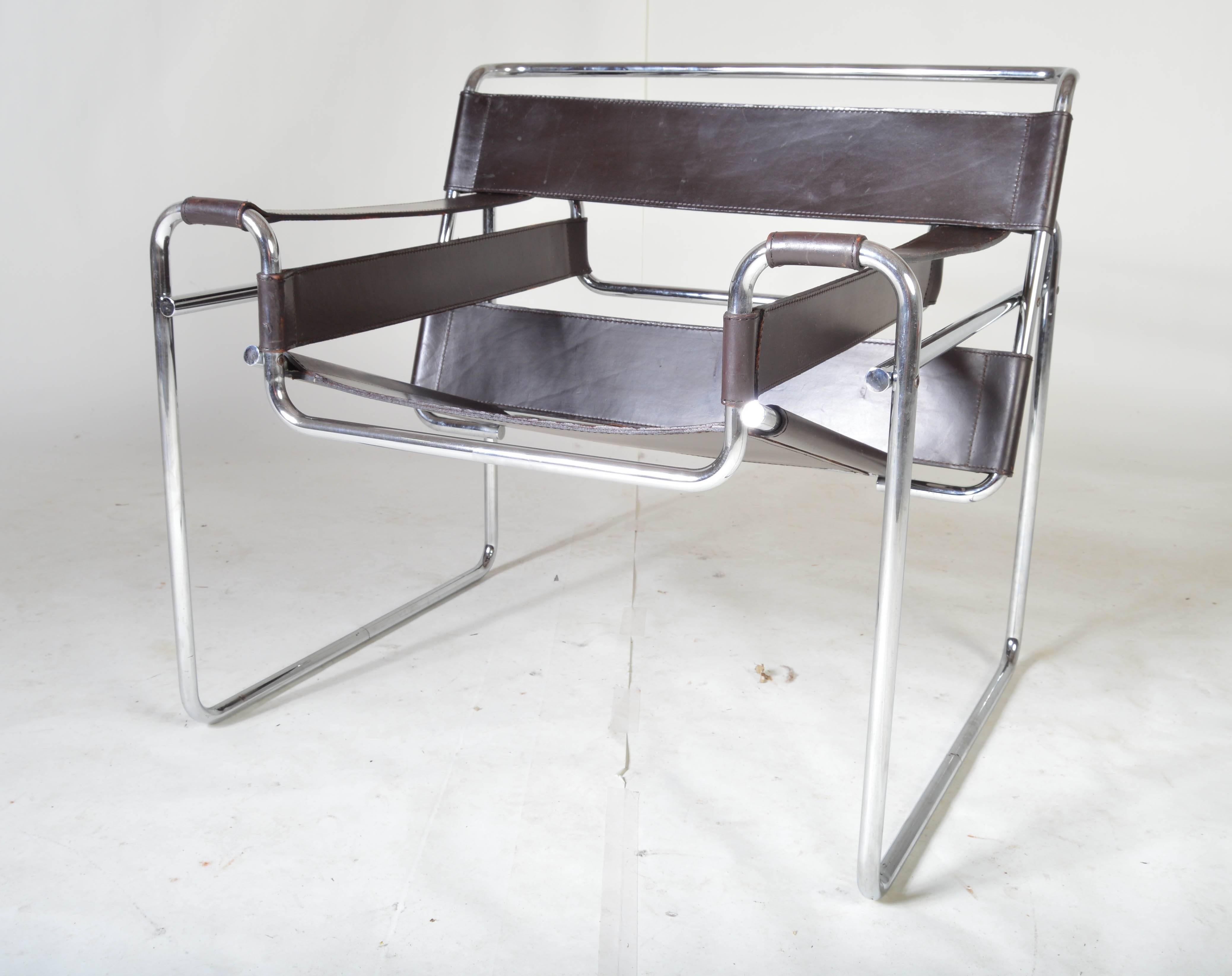 A Mid-Century Marcel Breuer Wassily chair produced by Gavina of Italy in the 1960s. 
 Chromed steel and beautiful chocolate dark brown leather.