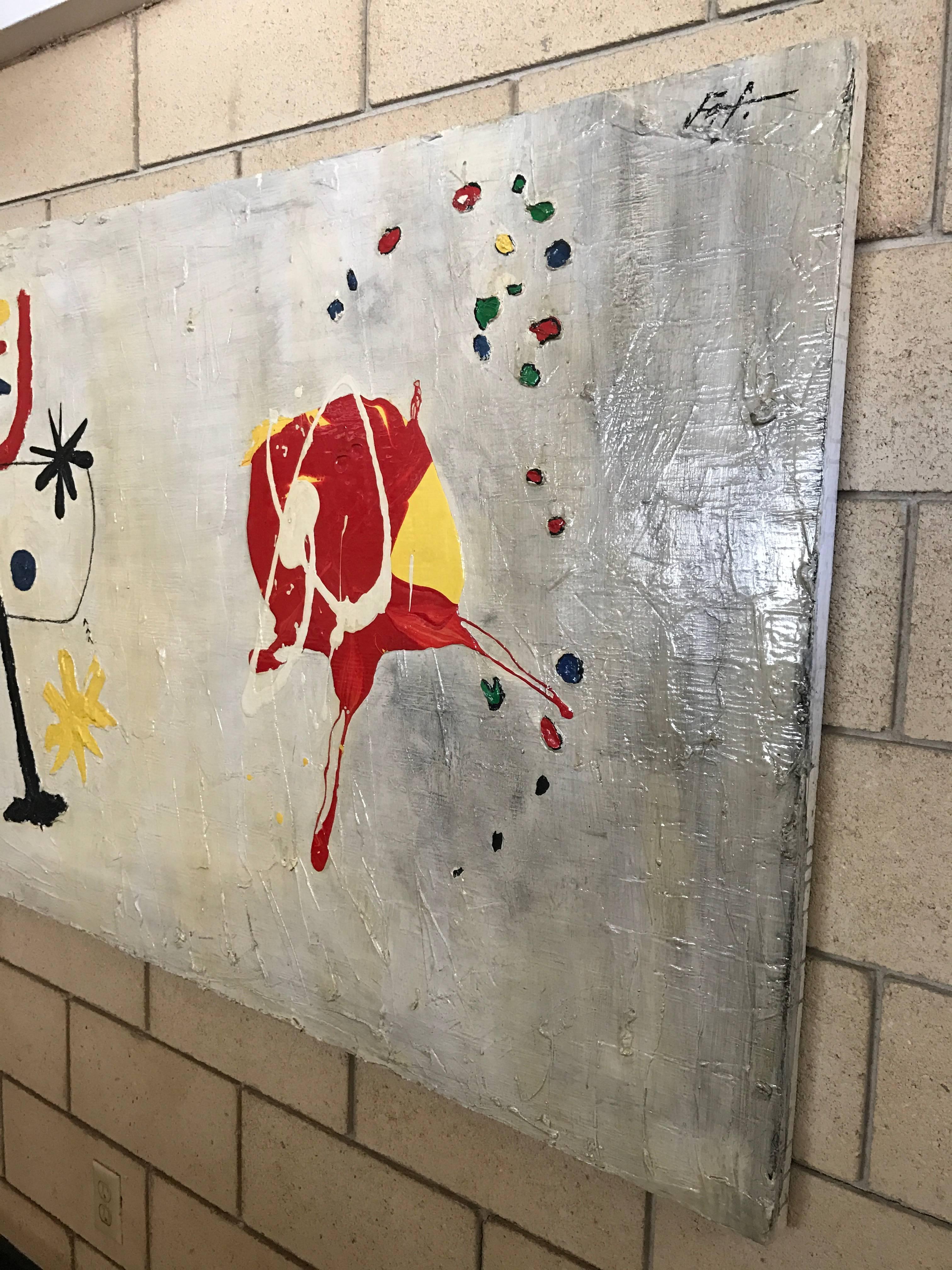 Large surrealist painting in oil on wood in the manner of Joan Miro, circa 1940s. 

Measures: 70 x 40, recently cleaned by a professional art restorer.
 