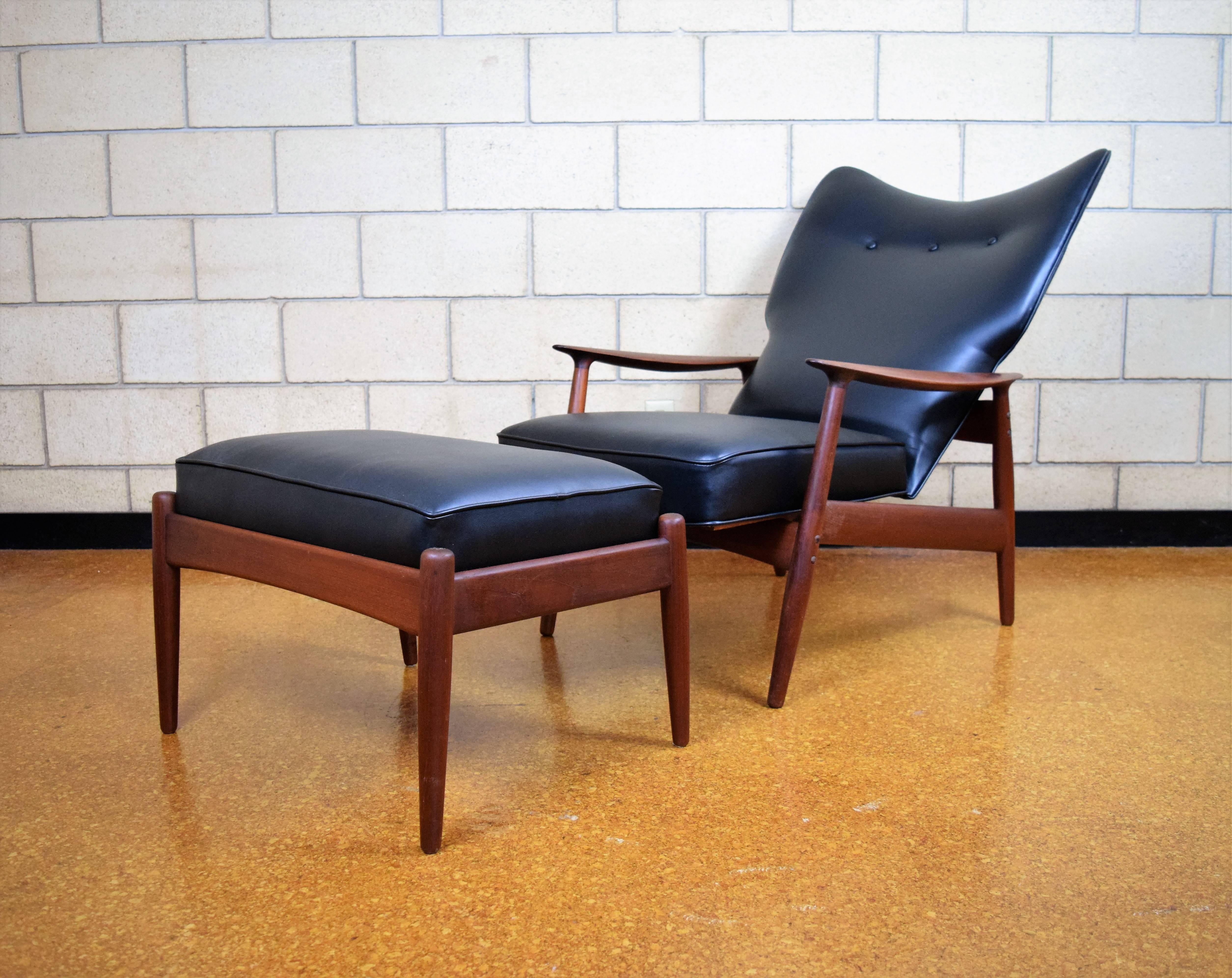 Teak Danish Adjustable Lounge Chair and Ottoman by K. Rasmussen for Peter Wessel