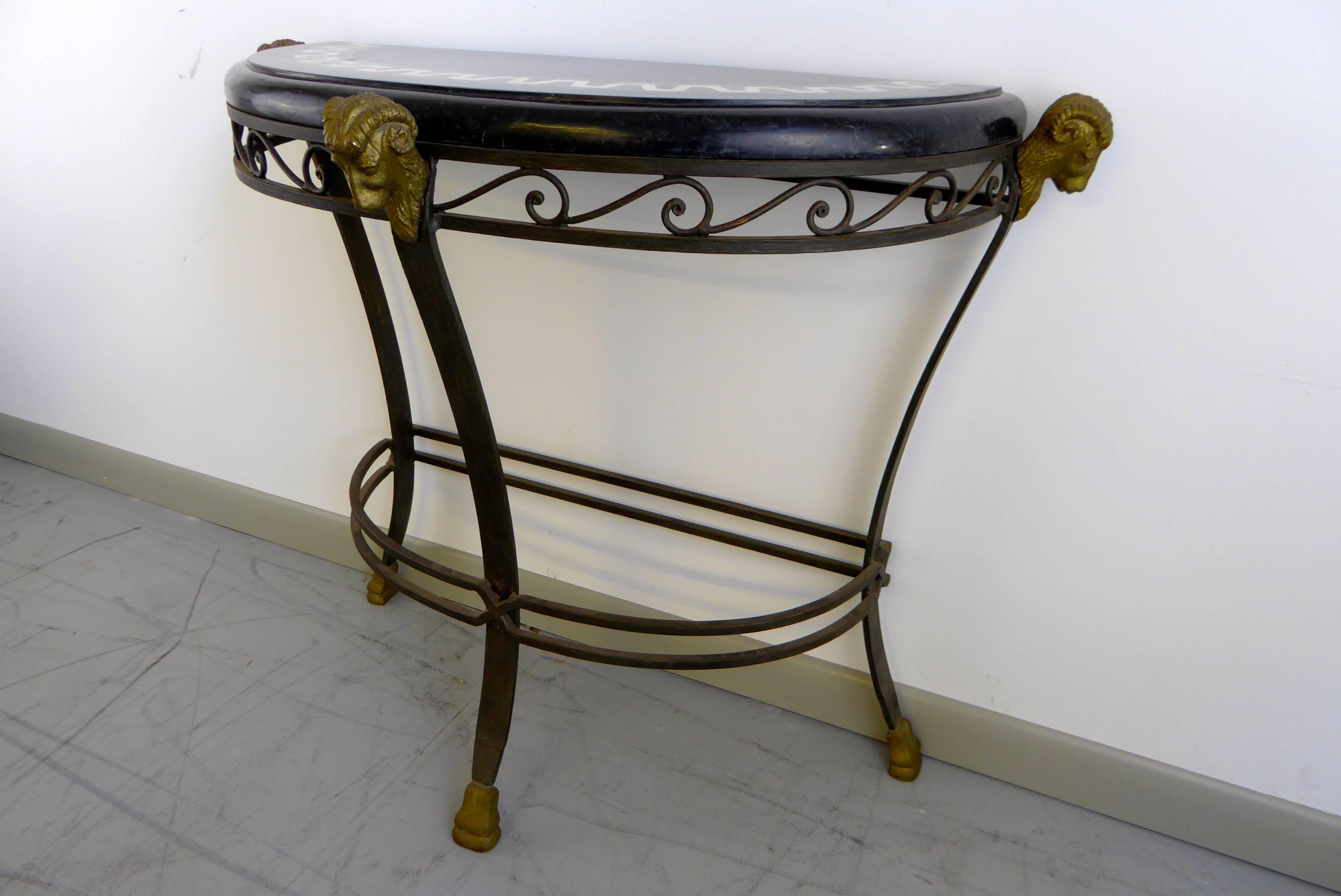 Iron & Tessellated Marble Ram's Head Console Table Attributed to Maitland Smith In Excellent Condition In Southampton, NJ