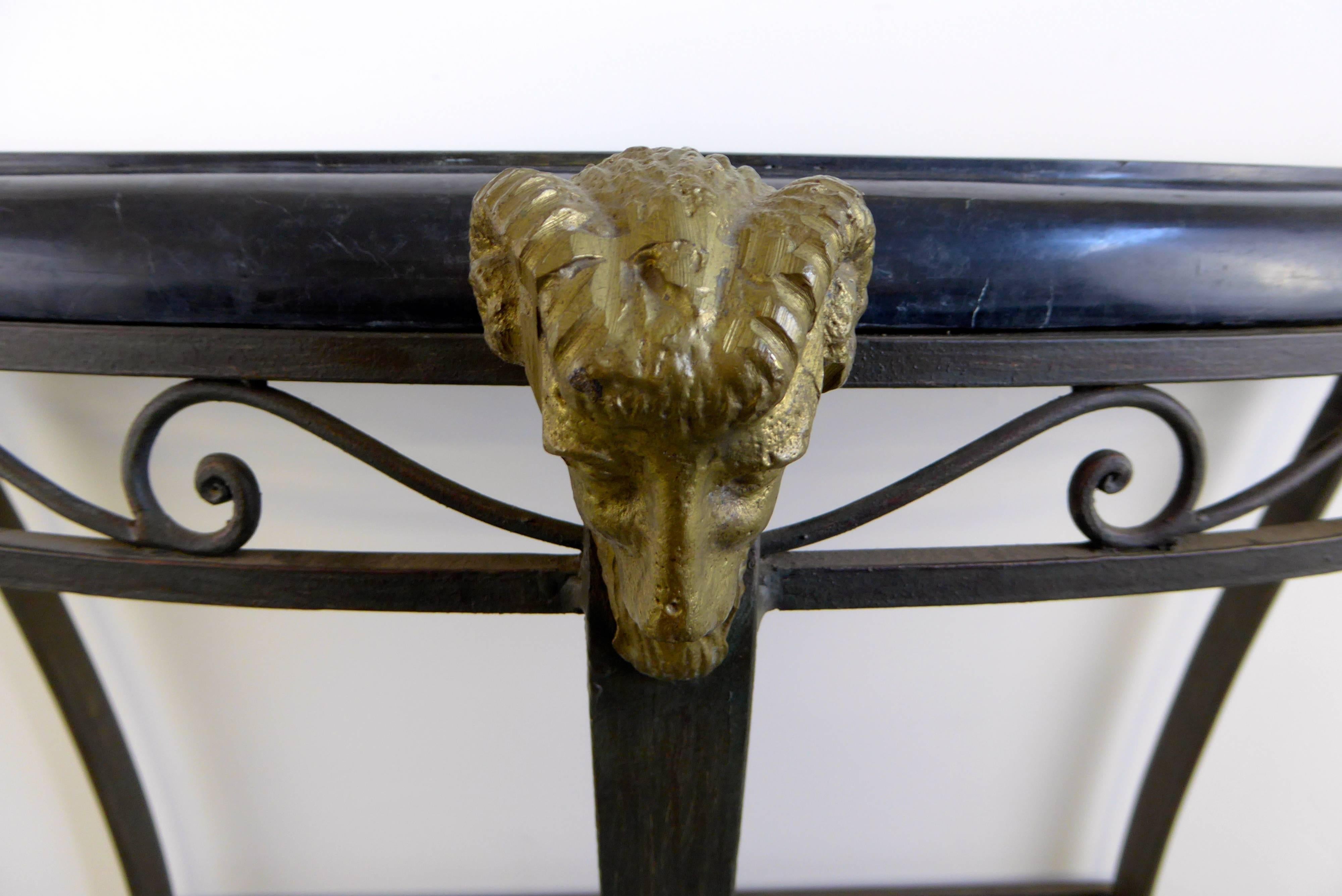 Late 20th Century Iron & Tessellated Marble Ram's Head Console Table Attributed to Maitland Smith