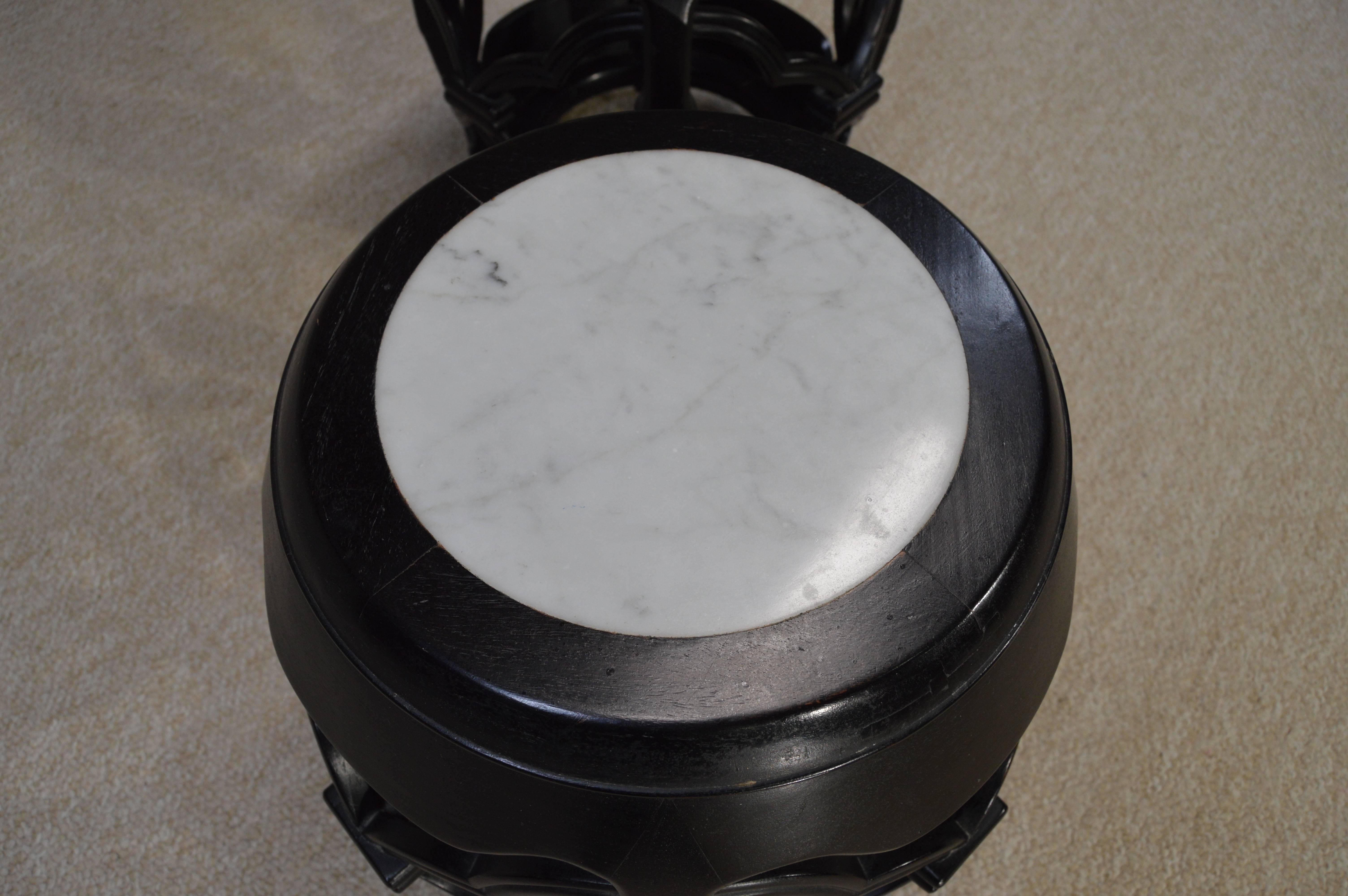 Stunning Pair of VTG Chinese Drum Tables/Stools Ebony with Inlaid Marble Tops In Excellent Condition In Southampton, NJ