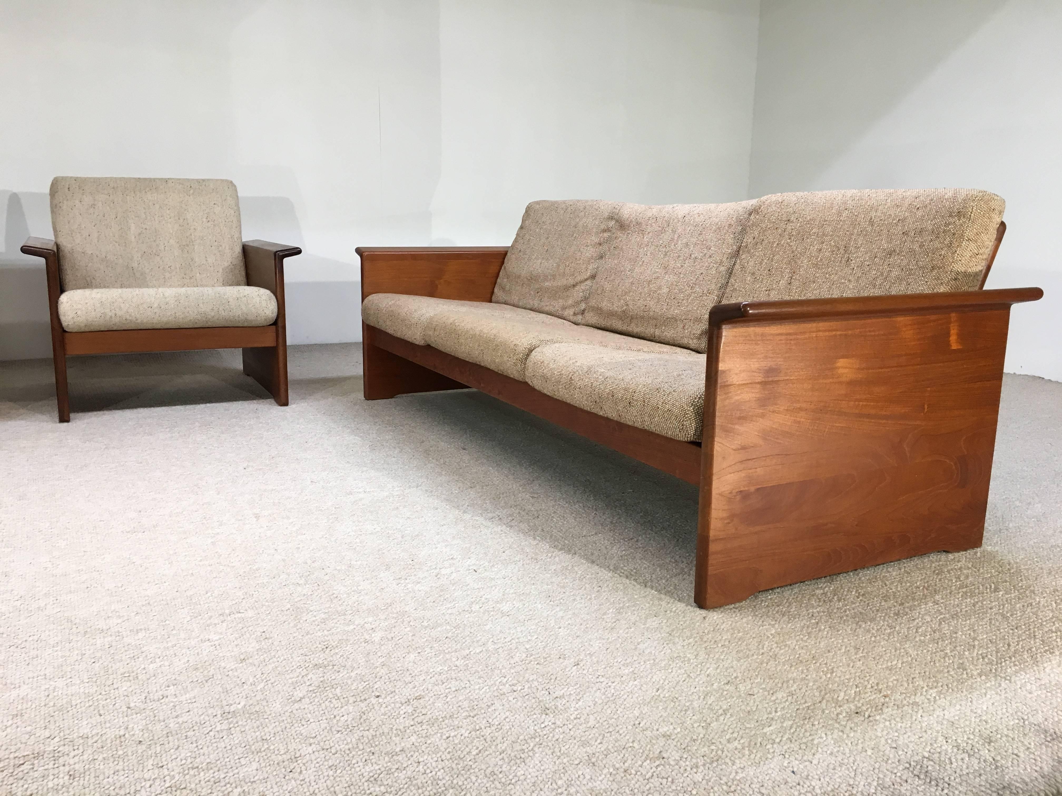 A handsome four-piece living room set, circa 1970 by Tarm Stole-OG Møbelfabrik of Denmark giving 2-3 seat sofas and two lounge chairs. Set comes with two extra original cushions. 

Chair dimensions in inches: 28 H, 31.5 W, 28.5 D, SH 16".