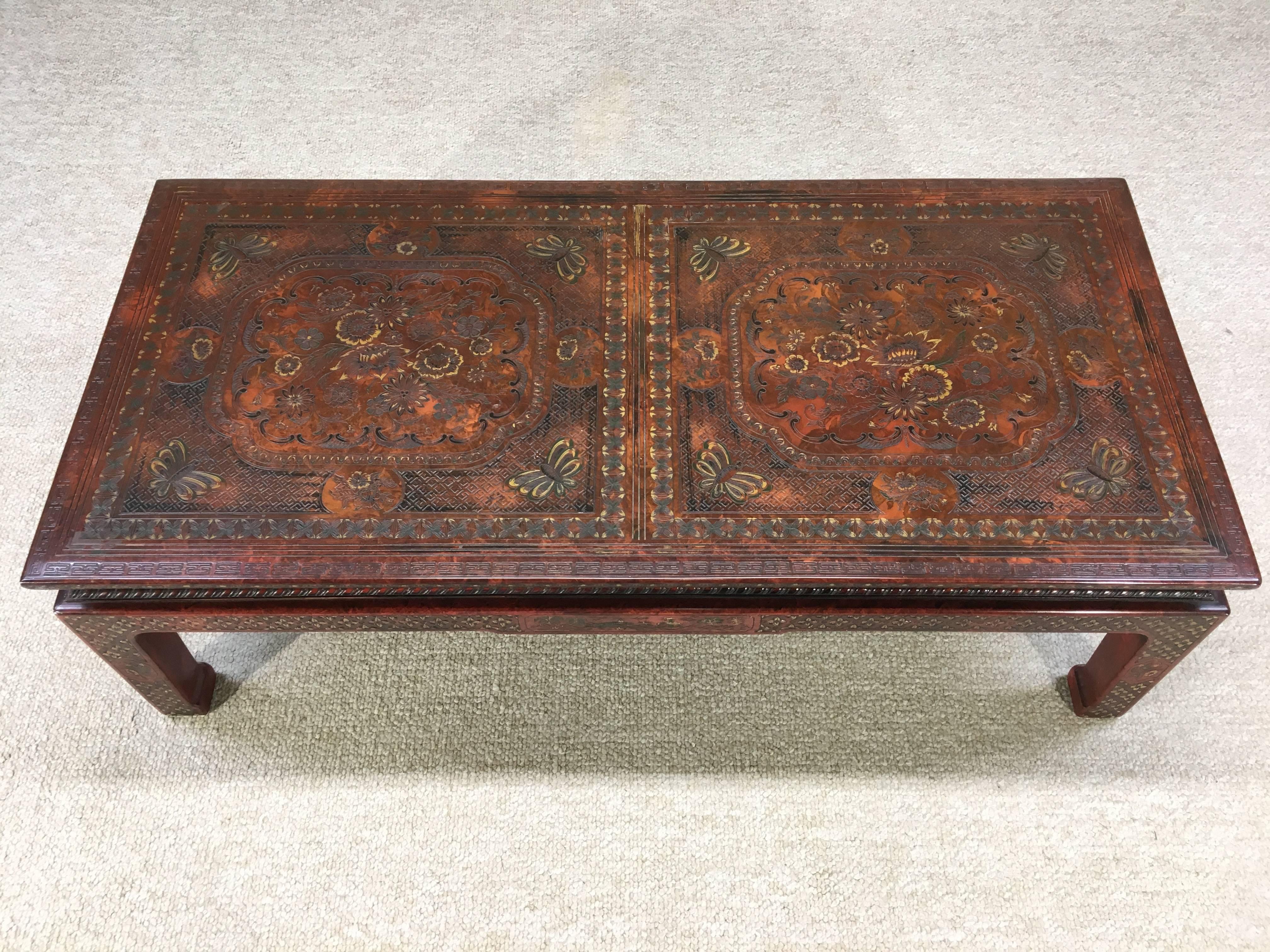 A rare and incredibly beautiful Chinoiserie coffee table designed by Mario Buatta for John Widdicomb circa 1960 having inlaid Chinese artwork including scenes throughout.