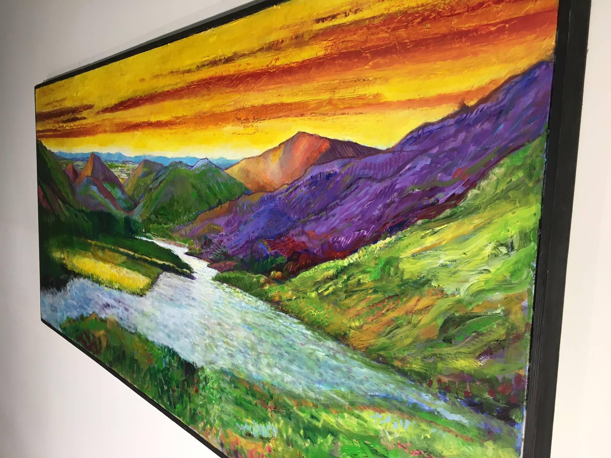 Oil on canvas by British artist William Wright.
 Inspired by the mountains and lakes of Scotland, but re-imagined as a bright, colourful fantasy landscape, with French horizons and perhaps the light of the western USA. 
 A vibrant landscape oil on