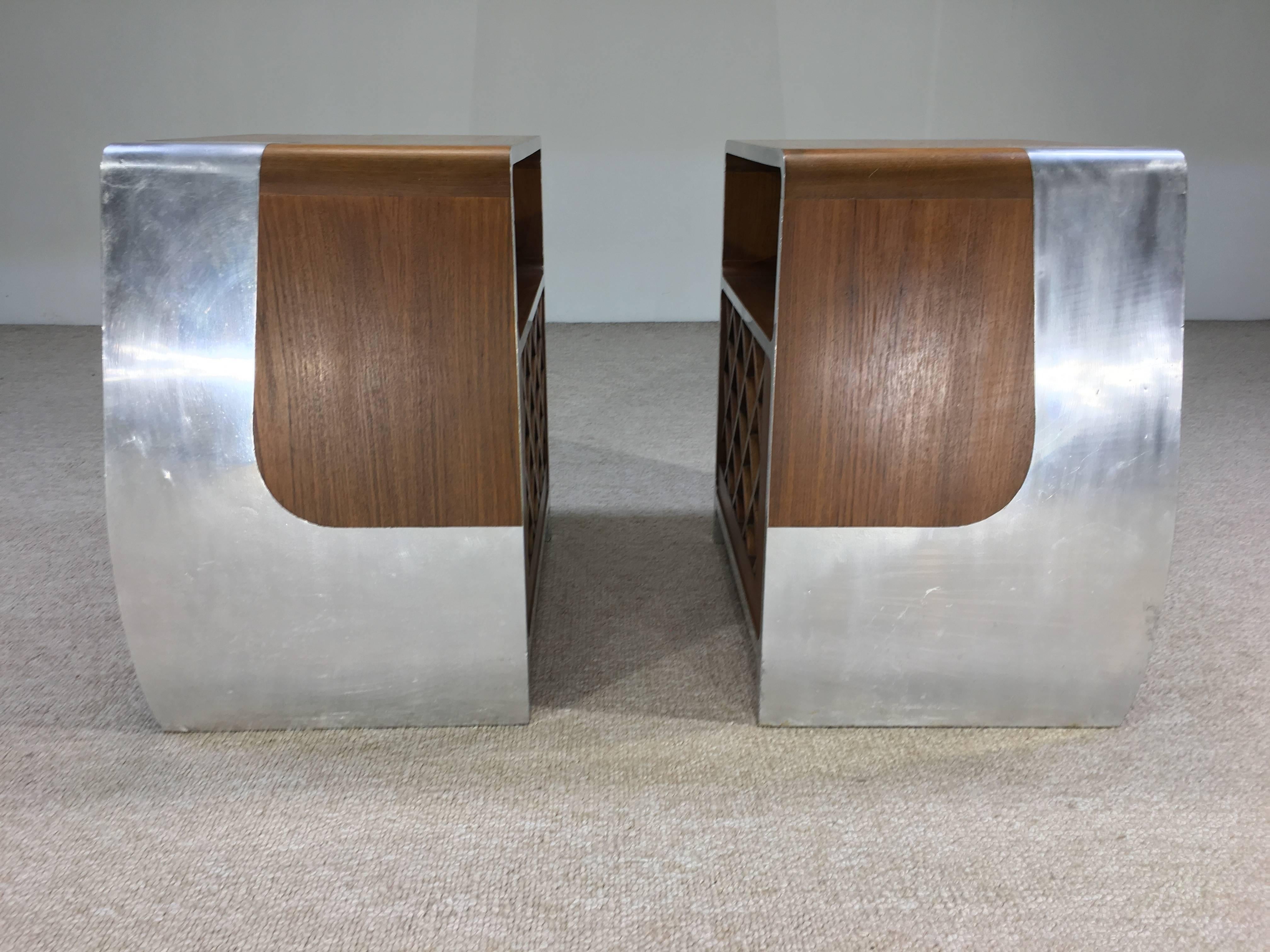 American Custom Space Age Bauhaus Teak and Aluminium Stereo Console Cabinet, Pair