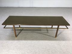 Harvey Probber Bench/Coffee Table with Floating Brass Rail and Brass Feet Sabots