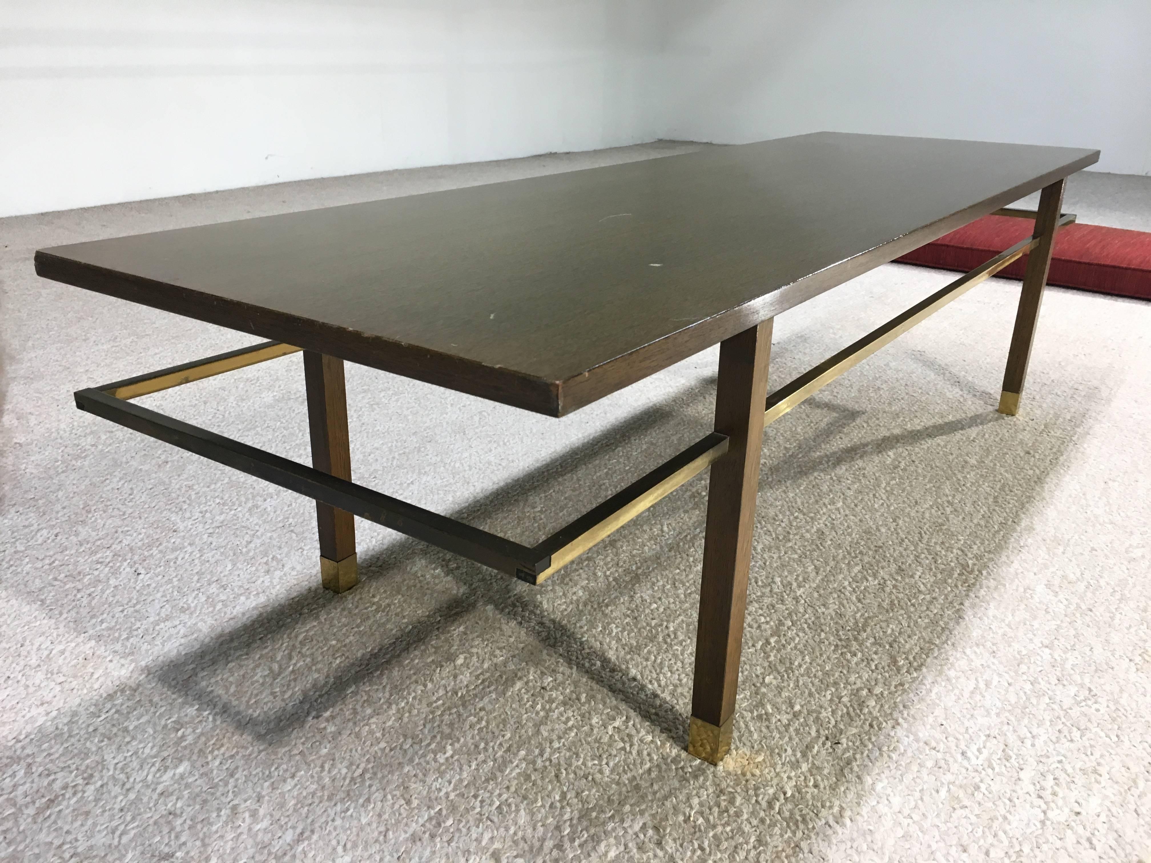American Harvey Probber Bench/Coffee Table with Floating Brass Rail and Brass Feet Sabots