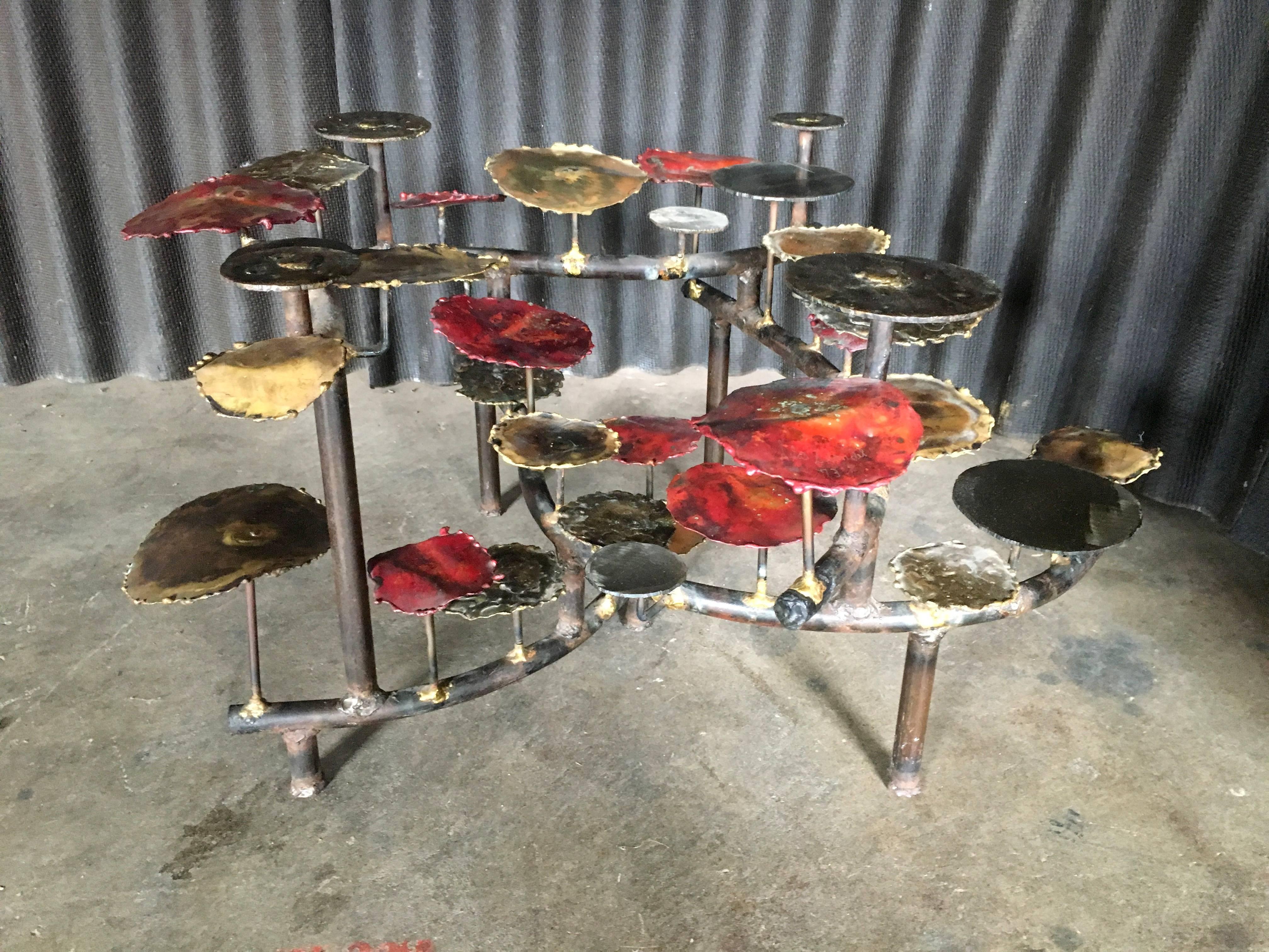 Brutalist Signed and Dated Silas Seandel Mixed Metals Lily Pad Cocktail Table