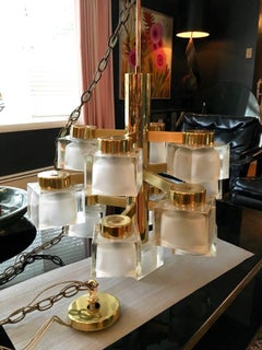 Large Thirteen Frosted Cube Gaetano Sciolari Brass Chandelier
