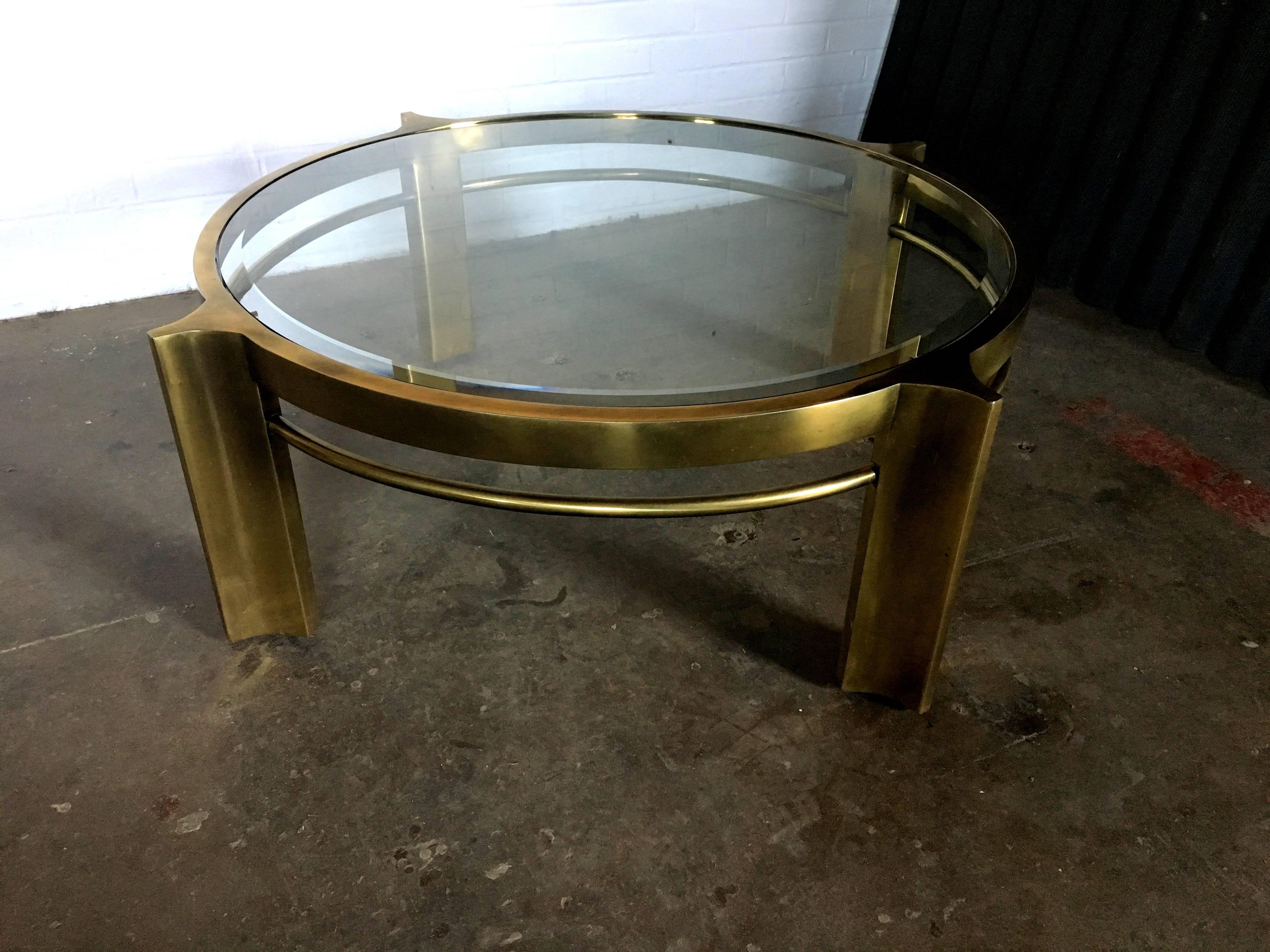 Lovely and gorgeous brass cocktail table by Mastercraft.
Very good condition with minor age appropriate wear. See photos.
No chips or breaks in beveled round glass. Minor scratches as normal.
Measure: 43" across
36" glass
15.25"