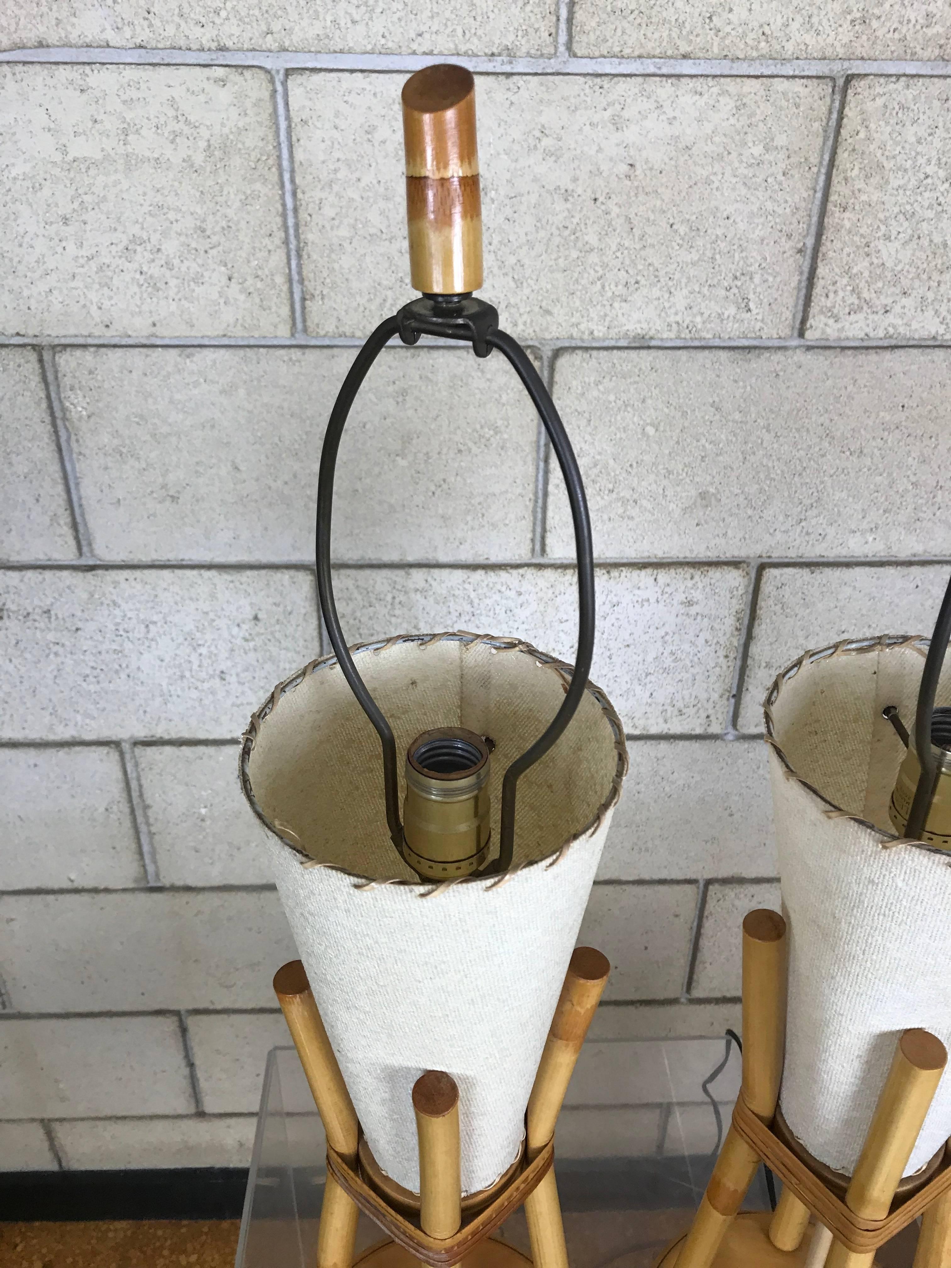 Mid-Century Modern Original Pair of Paul Frankl Style Bamboo Tiki Modern Table Lamps