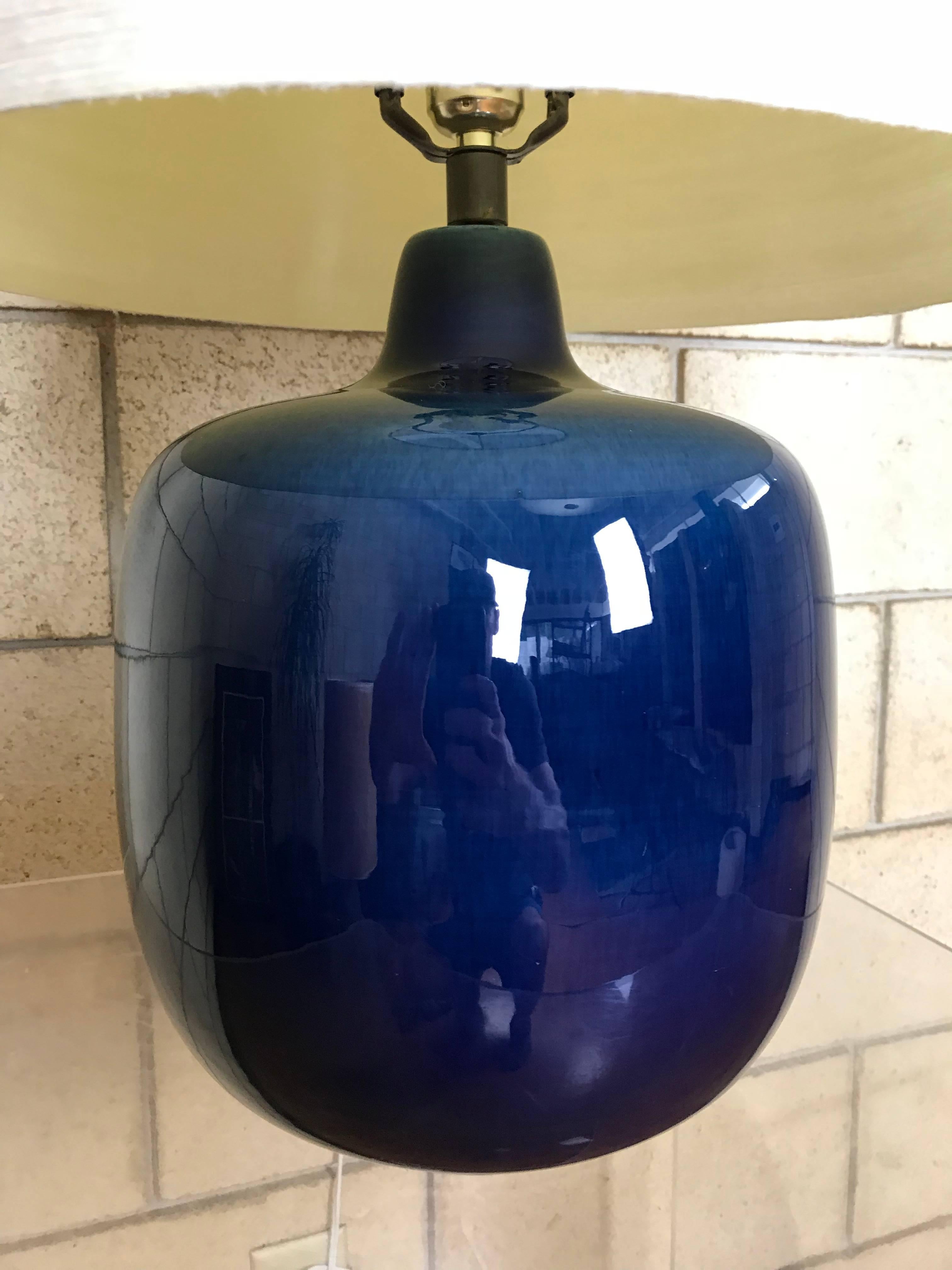 Mid-Century Modern Blue Ceramic Art Pottery Lotte Bostlund Table Lamp with Original Jute Shade