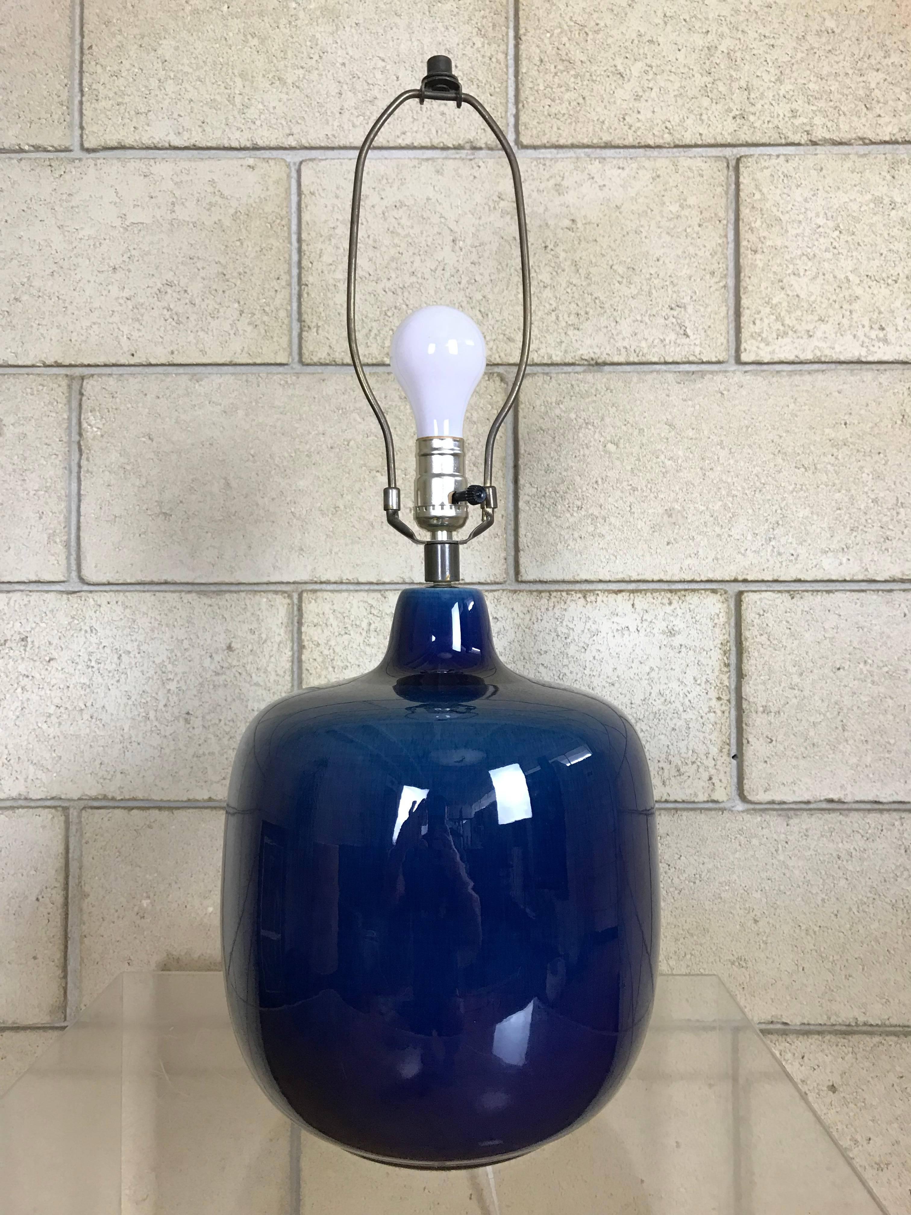 Mid-20th Century Blue Ceramic Art Pottery Lotte Bostlund Table Lamp with Original Jute Shade