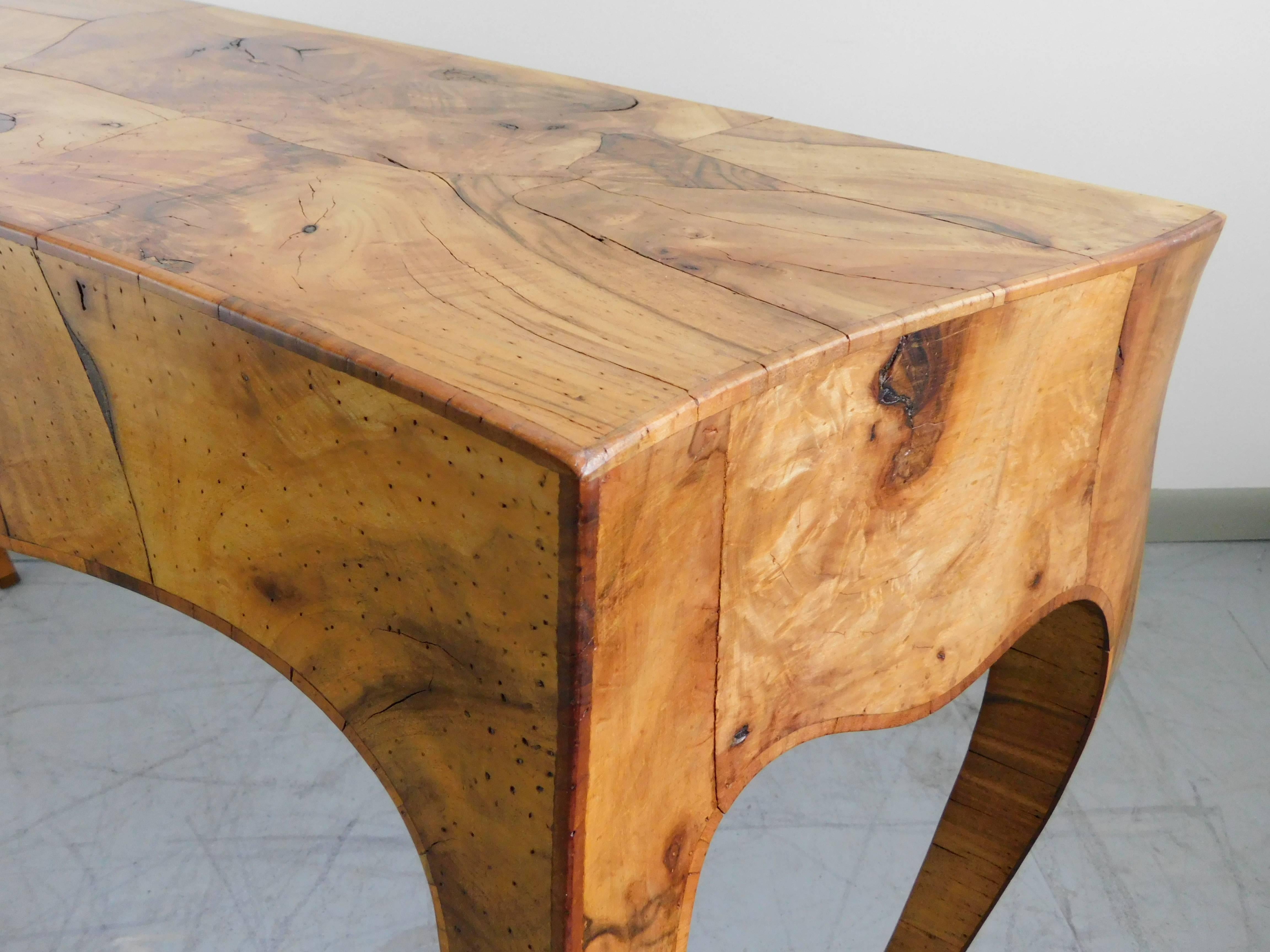 Neoclassical Italian Walnut Oyster Burl Bombe Console Table, 1950s