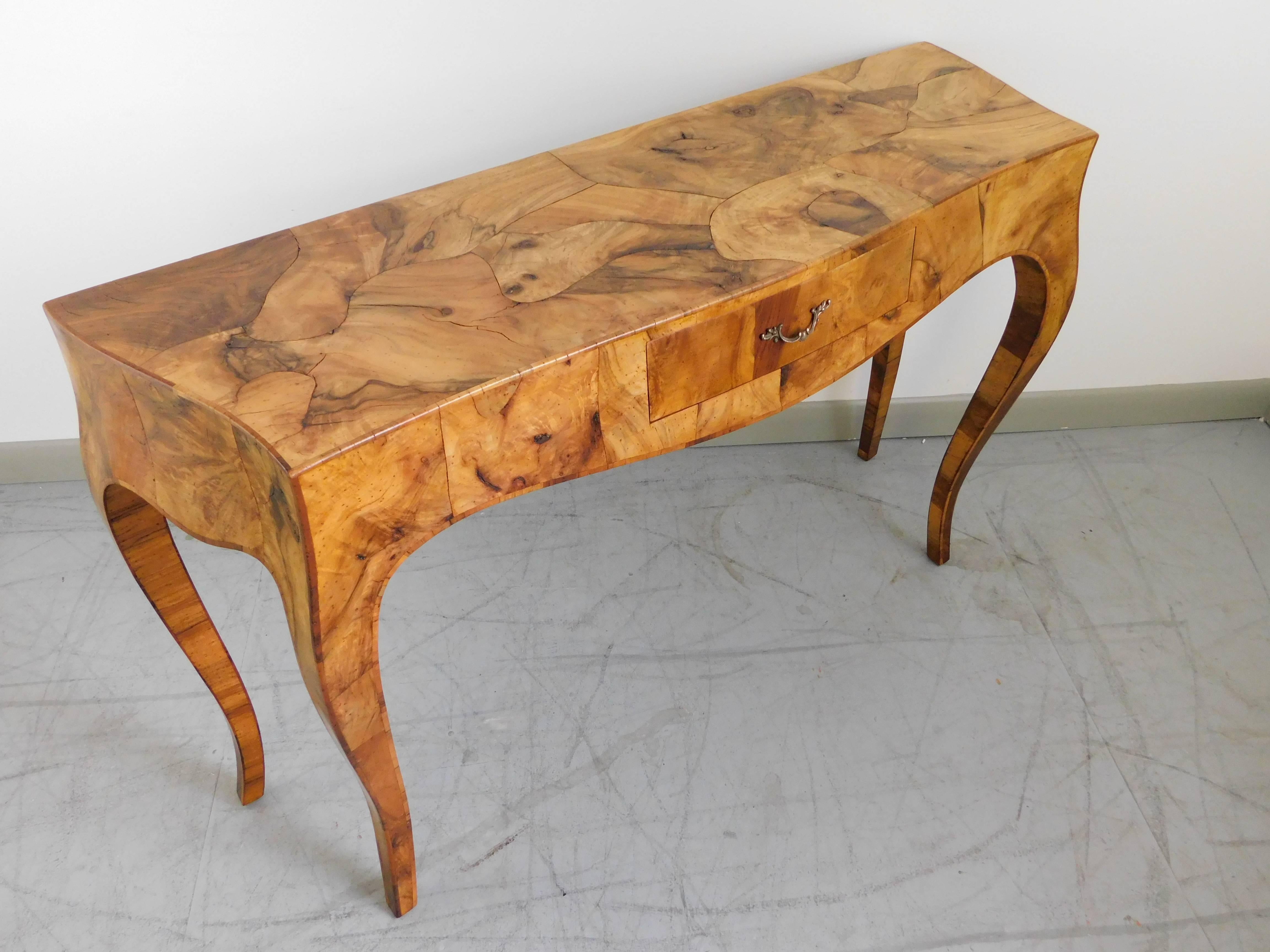 Brass Italian Walnut Oyster Burl Bombe Console Table, 1950s