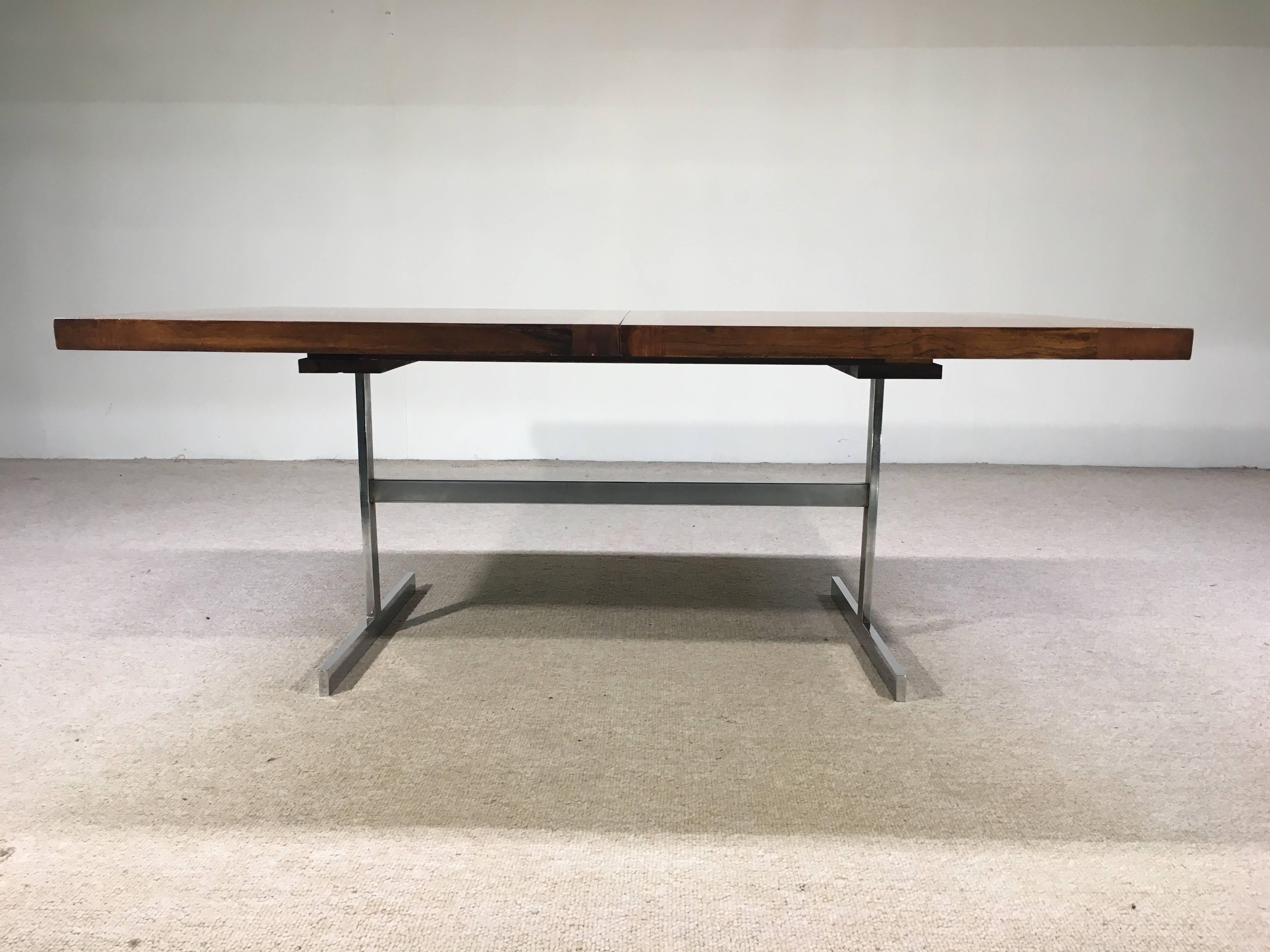 American Milo Baughman Style Rosewood, Walnut and Chrome Expanding Dining Table
