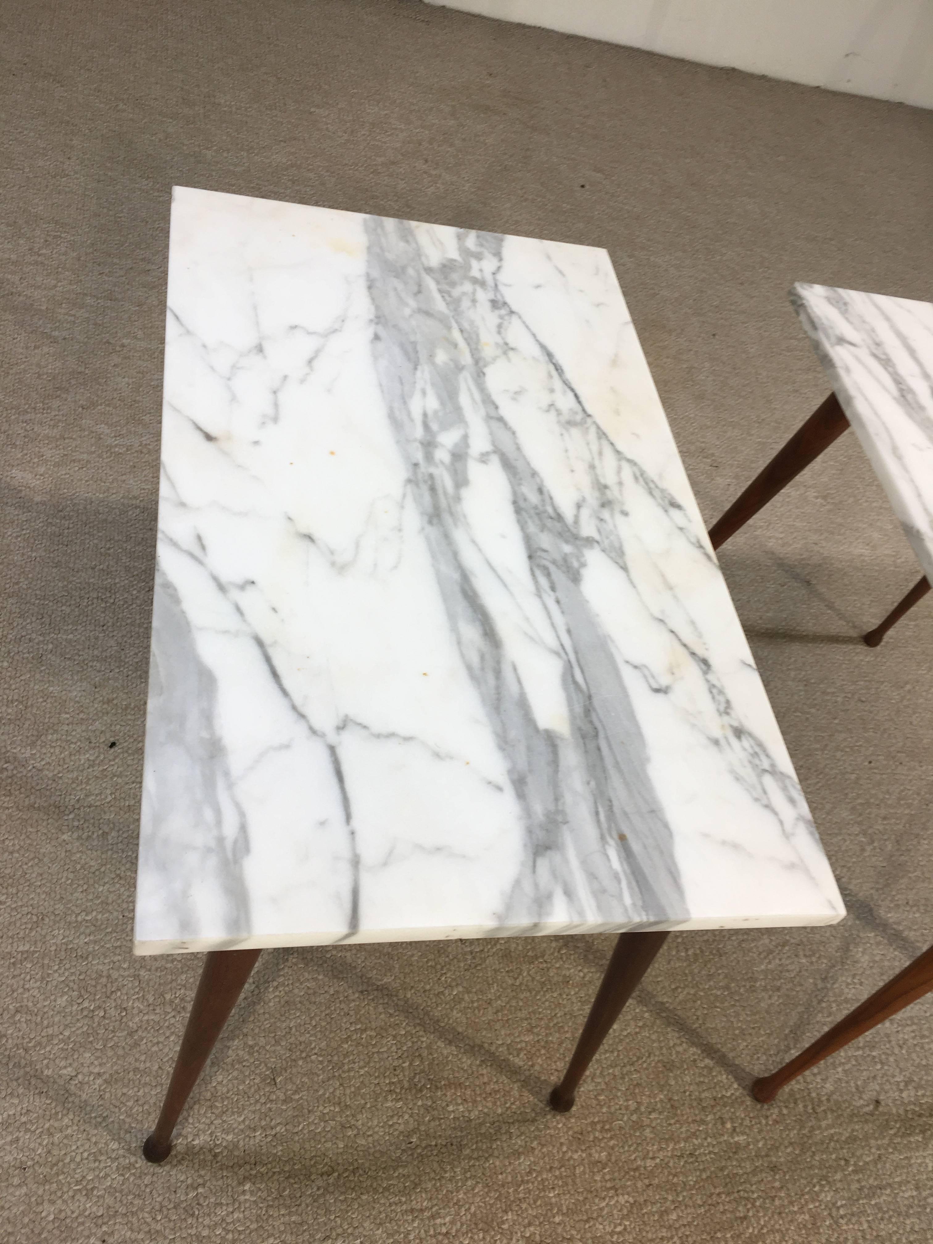 Mid-Century Modern Paul McCobb Carrara Marble-Top Side Tables with Splayed Birch Legs